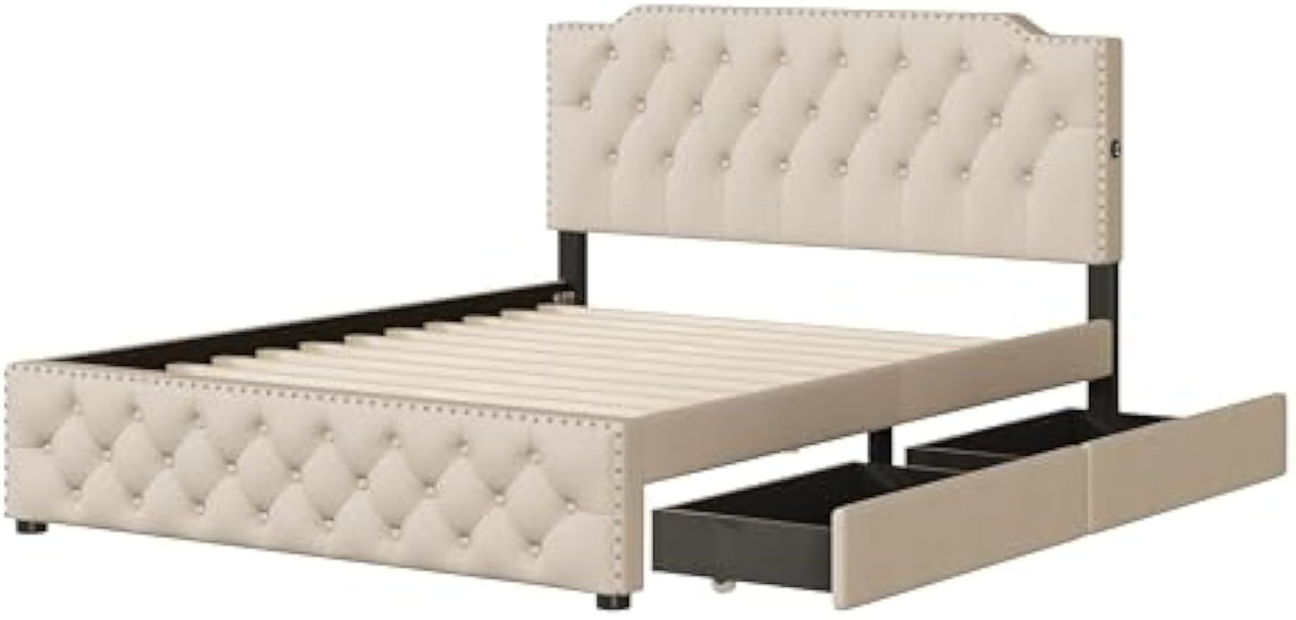 Queen Size Upholstered Platform Bed with 2 Drawers and 2 Sets of USB Ports on Each Side, Linen Fabric,Easy Assemble,Beige