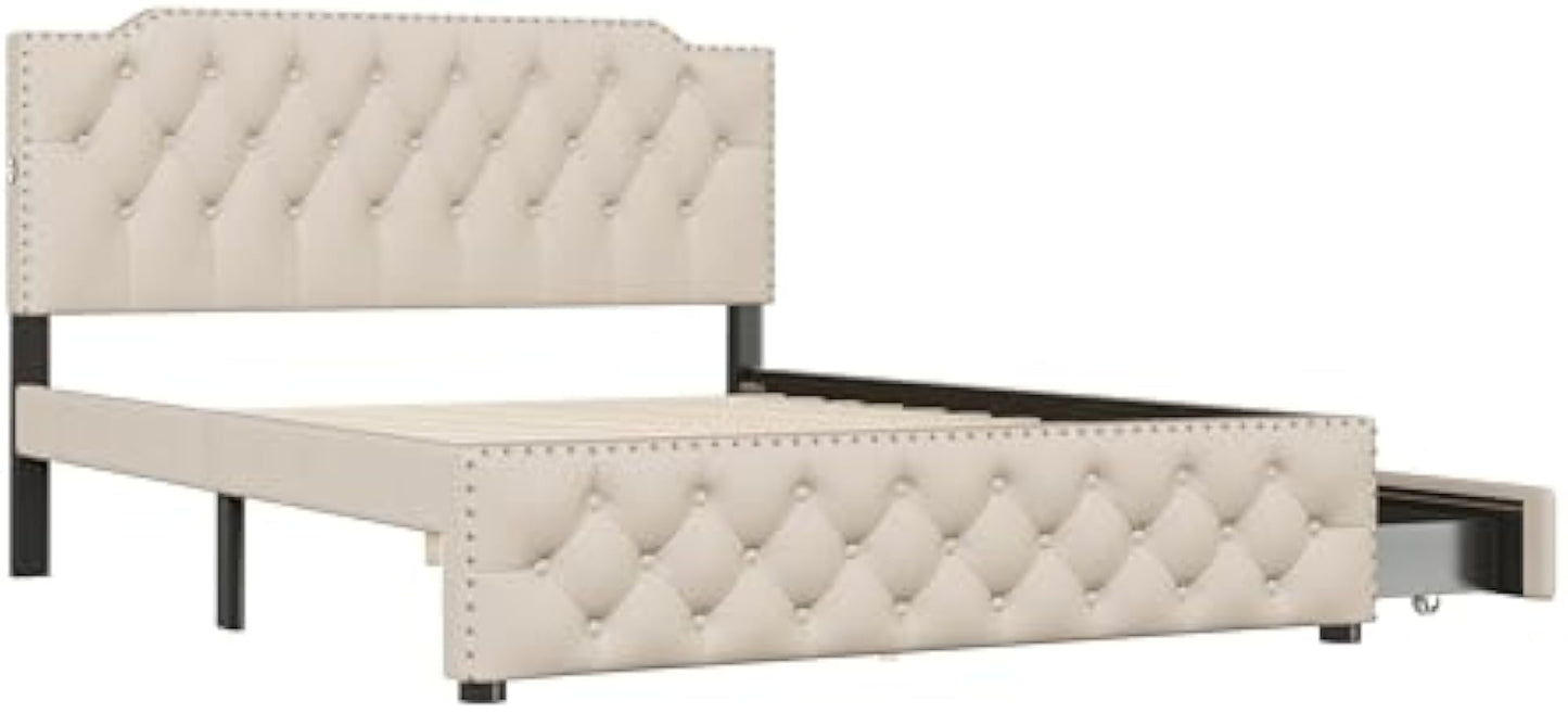 Queen Size Upholstered Platform Bed with 2 Drawers and 2 Sets of USB Ports on Each Side, Linen Fabric,Easy Assemble,Beige