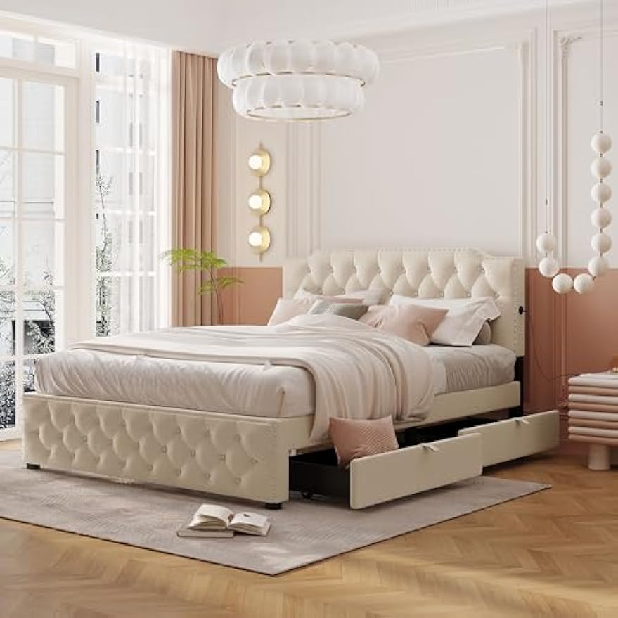 Queen Size Upholstered Platform Bed with 2 Drawers and 2 Sets of USB Ports on Each Side, Linen Fabric,Easy Assemble,Beige