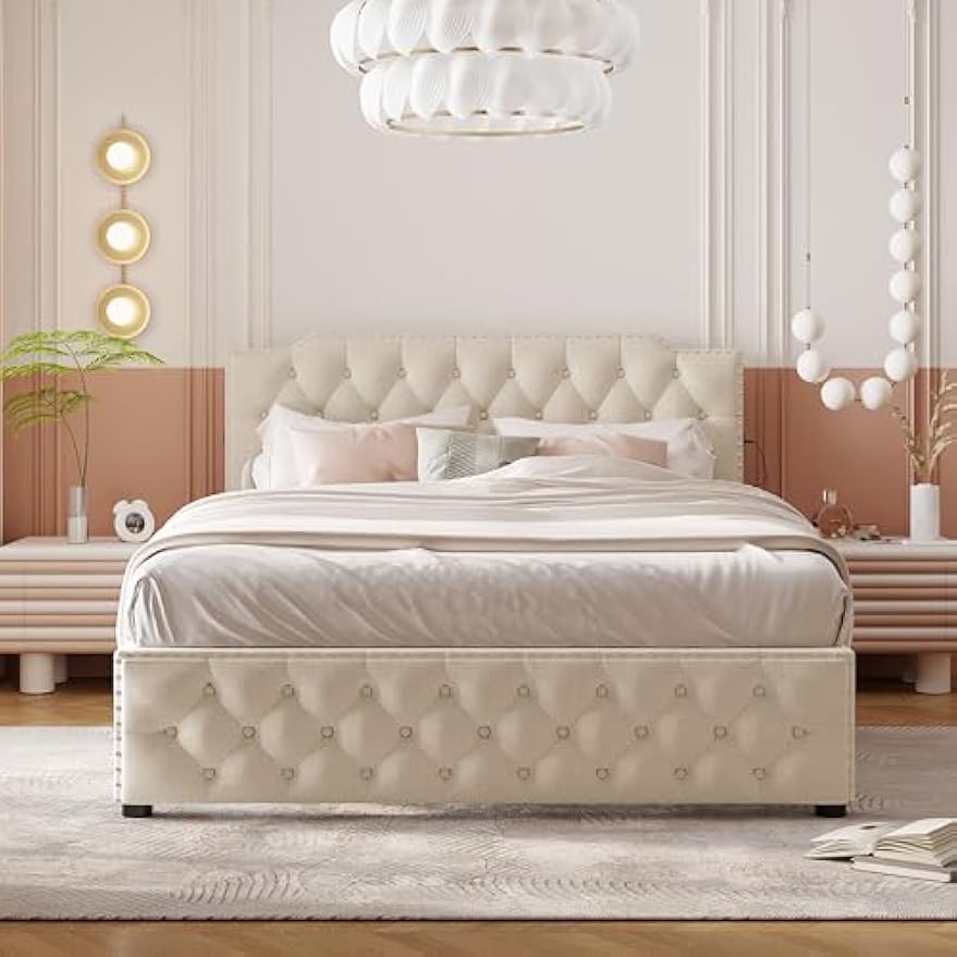 Queen Size Upholstered Platform Bed with 2 Drawers and 2 Sets of USB Ports on Each Side, Linen Fabric,Easy Assemble,Beige