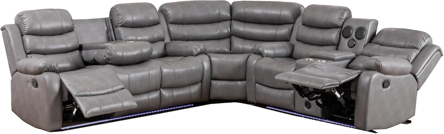 INSTORY 6-Seater Reclining Sofa, Faux Leather, Bluetooth Speakers, LED Lights, Drop Down Table, Cup Holders, USB Outlet, Storage Box (Black)