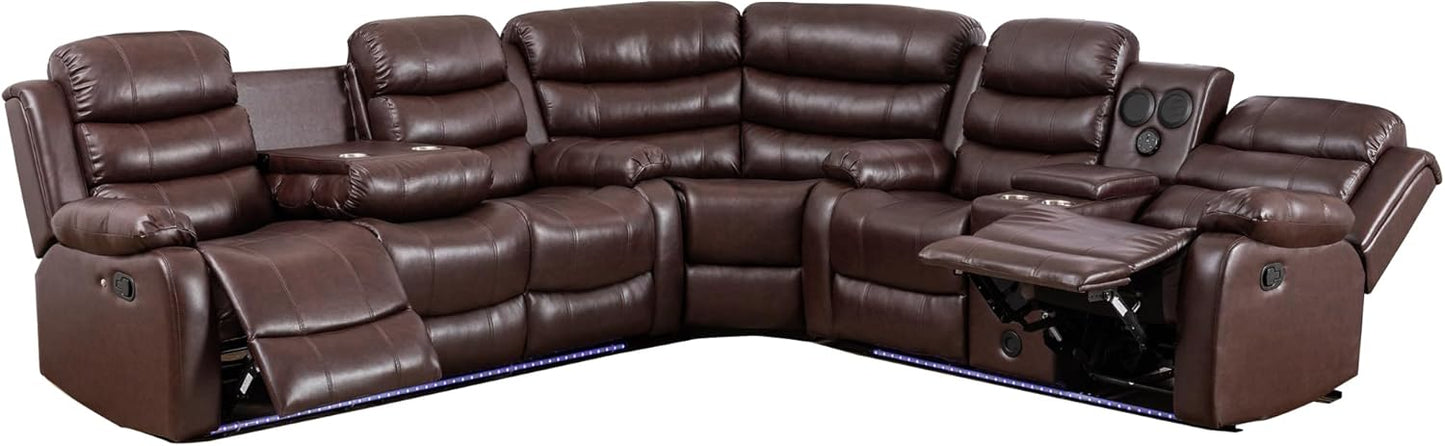 INSTORY 6-Seater Reclining Sofa, Faux Leather, Bluetooth Speakers, LED Lights, Drop Down Table, Cup Holders, USB Outlet, Storage Box (Black)