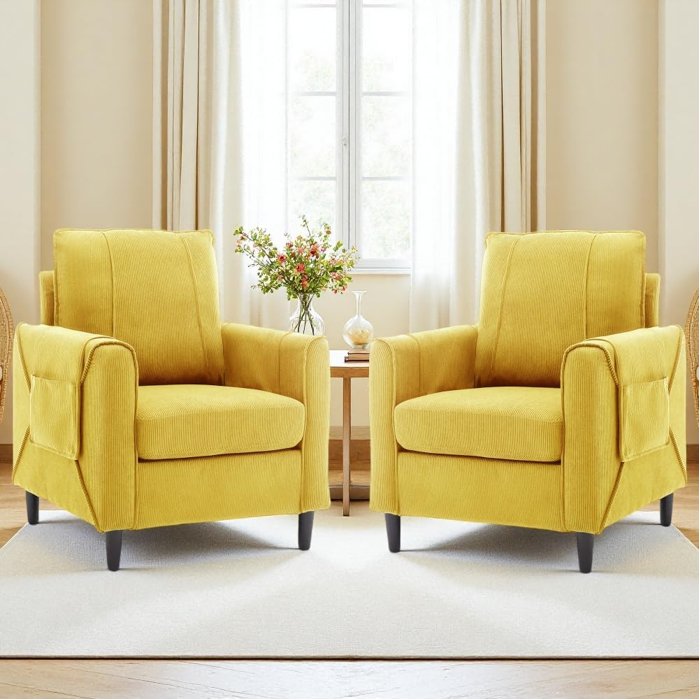 Accent Chair, Arm Chair for Living Room, Mid-Century Modern Upholstered Reading Chair, Comfy Club Chair with Side Pockets and Soft Cushion, Corduroy Fabric Sofachair for Bedroom