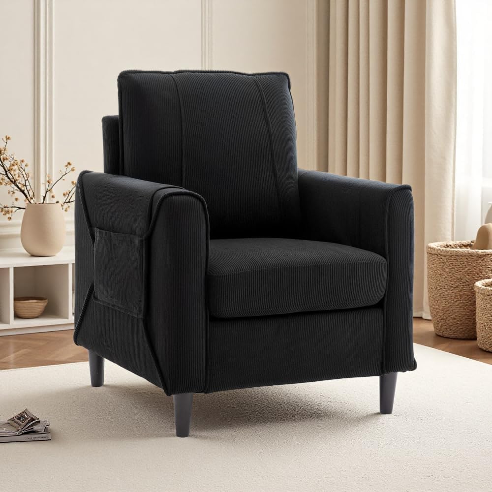 Accent Chair, Arm Chair for Living Room, Mid-Century Modern Upholstered Reading Chair, Comfy Club Chair with Side Pockets and Soft Cushion, Corduroy Fabric Sofachair for Bedroom