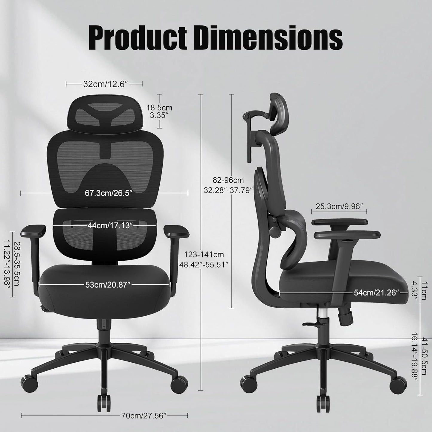 Ergonomic Office Chair with Adjustable Lumbar Support, 3D Arms and Headrest, High Back Wide Desk Computer Chair with Wheels, for Home & Office, Black