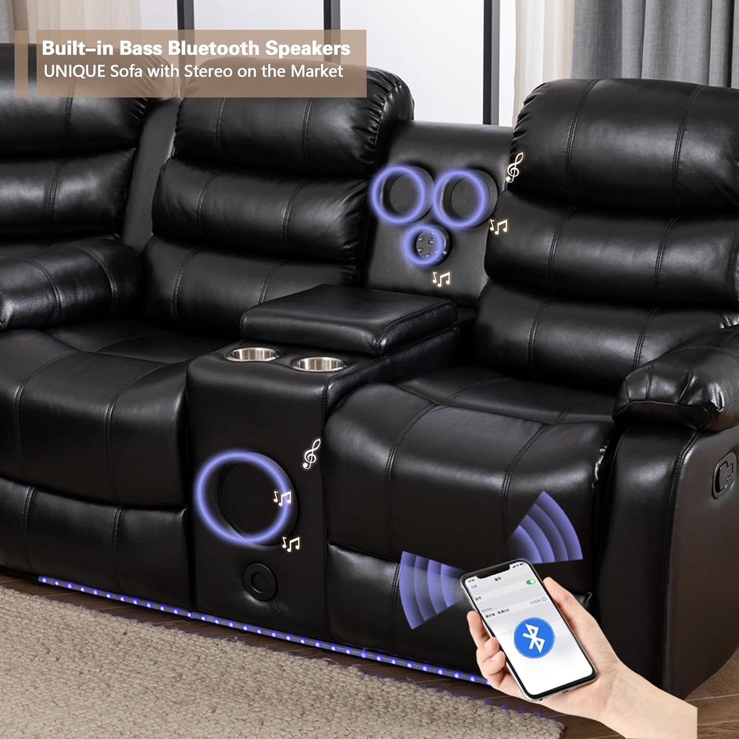 INSTORY 6-Seater Reclining Sofa, Faux Leather, Bluetooth Speakers, LED Lights, Drop Down Table, Cup Holders, USB Outlet, Storage Box (Black)