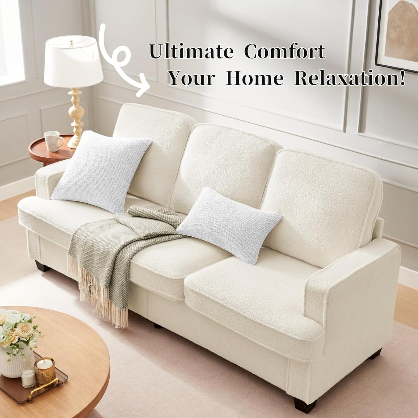 Couches for Living Room, 82” Spacious Deep Seat Sofa for Living Room/Bedroom/Office/Apartment, Sofa Bed for Small Spaces, Detachable Futon Couch Cover, Easy to Install, Beige Teddy Fleece