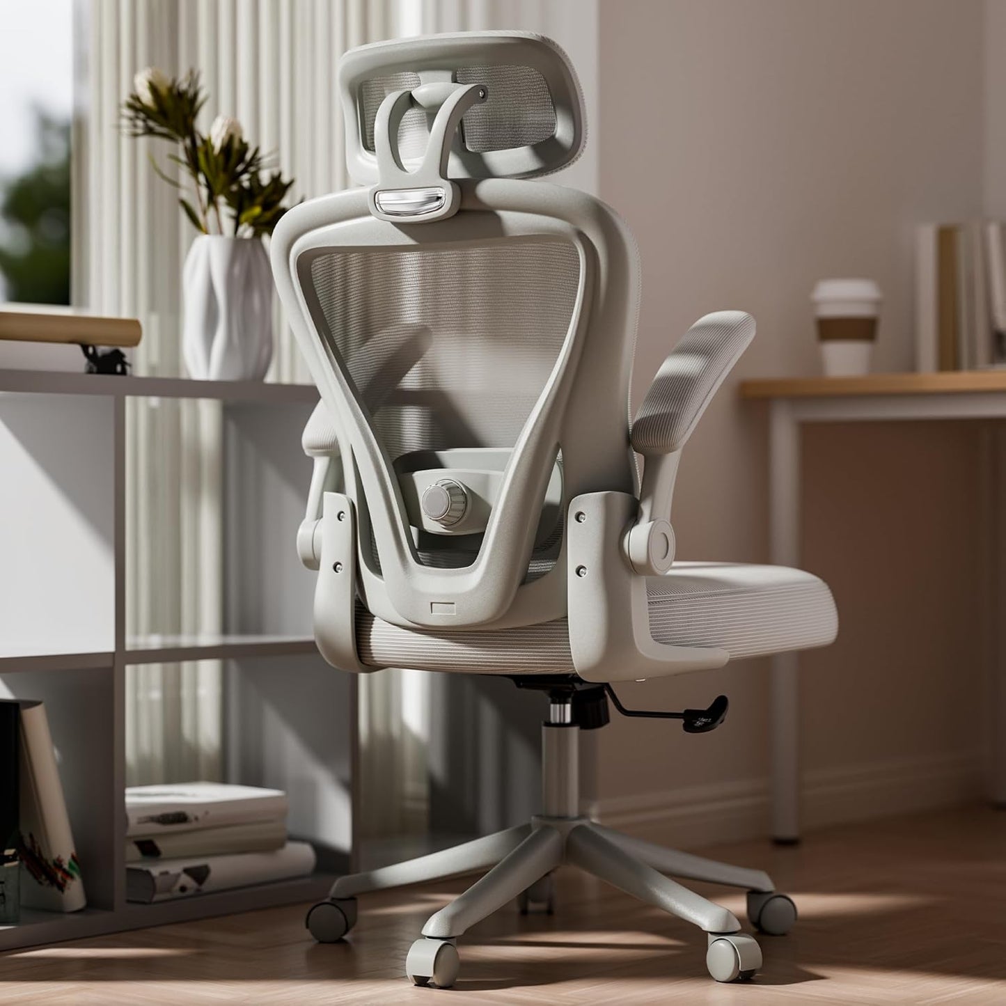 Computer Desk Chair, Ergonomic Office Chair M903 with Wheels, High Back Mesh Office Chair with Adjustable Lumbar Support, Headrest, Flip-Up Armrests, Withe Grey
