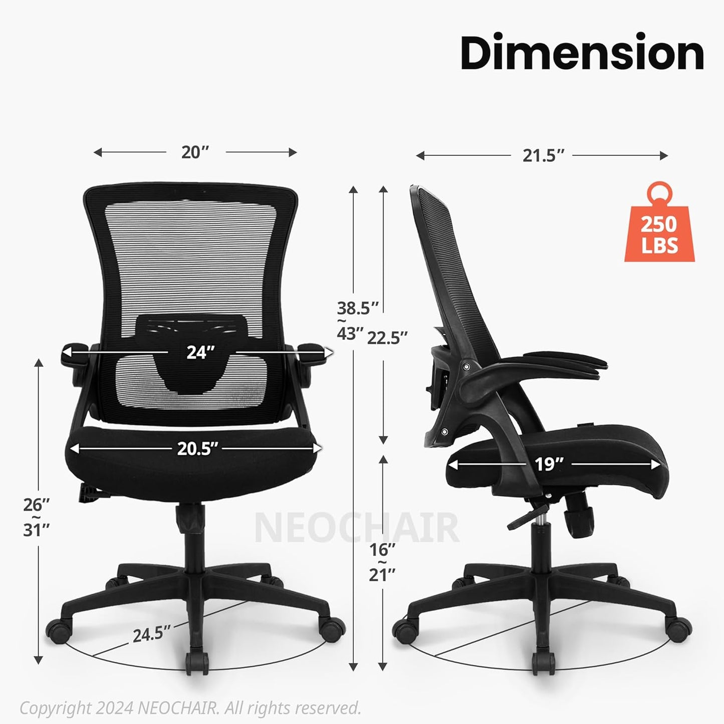 NEO CHAIR Office Desk Chair Computer High Back Mesh Gaming Seat with Ergonomic Adjustable Comfy Flip-up Armrests Lumbar Support Height for Home (Black)