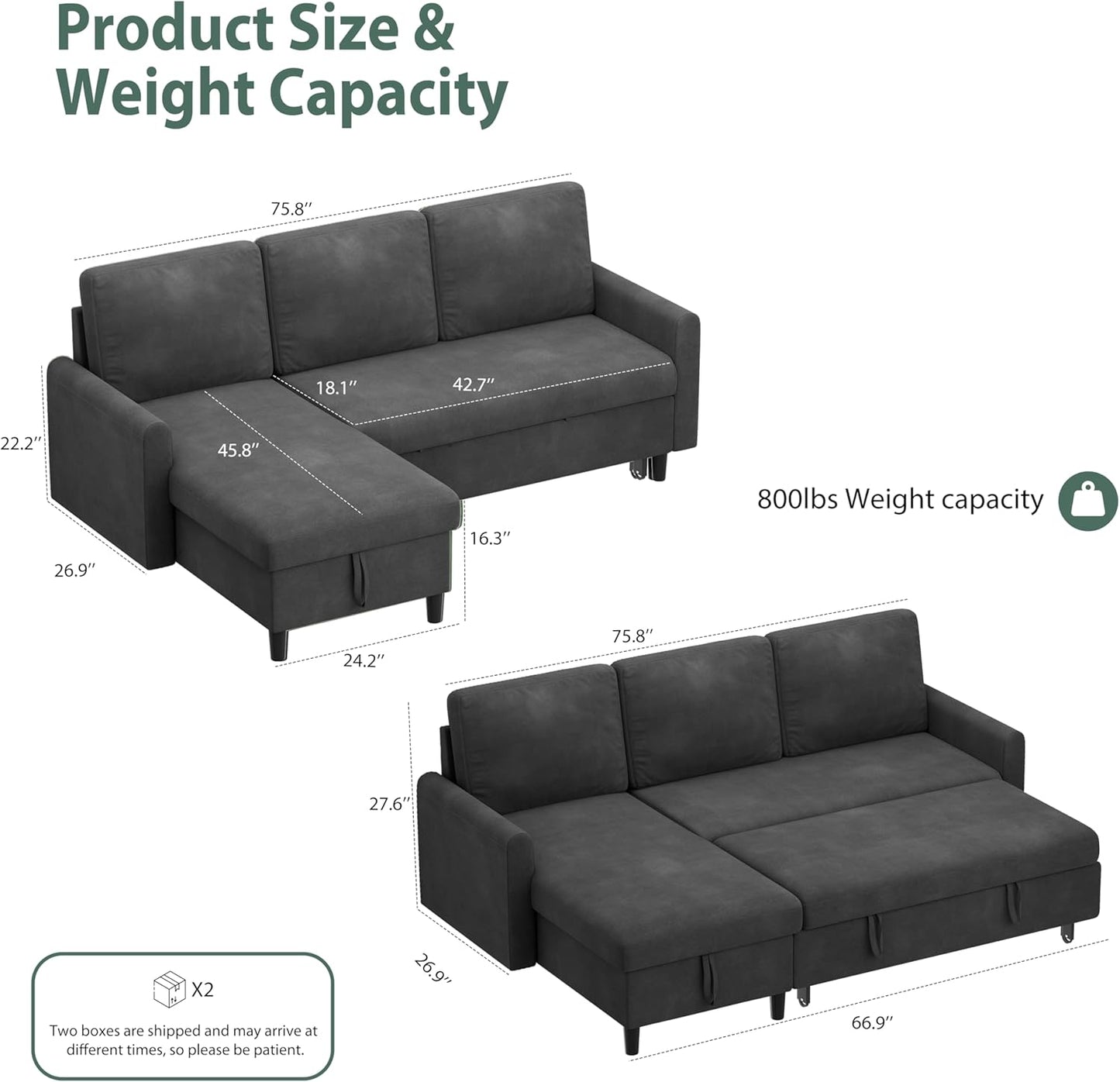 Shintenchi Sofa Couch, Sofa Bed- 2 in 1 Pull Out Couch Bed with Storage Chaise for Living Room, Sofa Bed Sectional Sofa Couch Linen Couch (Grey Black)