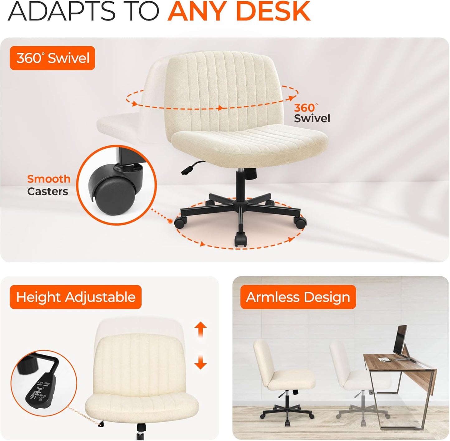 Orange Factory Criss Cross Chair Wheels Wide Cross Legged Office Desk Vanity Chair Comfy Fabric Armless Adjustable Swivel for Home Computer Task (Beige)