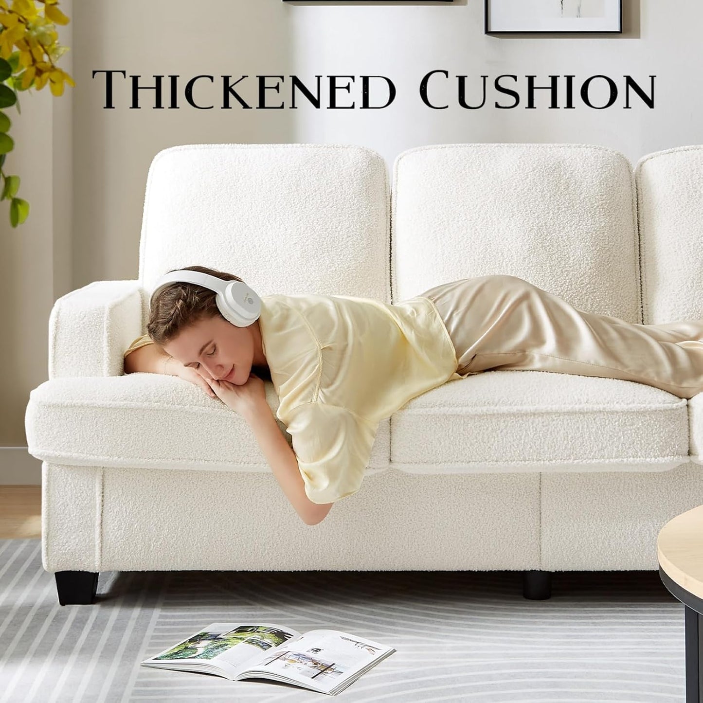 Couches for Living Room, 82” Spacious Deep Seat Sofa for Living Room/Bedroom/Office/Apartment, Sofa Bed for Small Spaces, Detachable Futon Couch Cover, Easy to Install, Beige Teddy Fleece