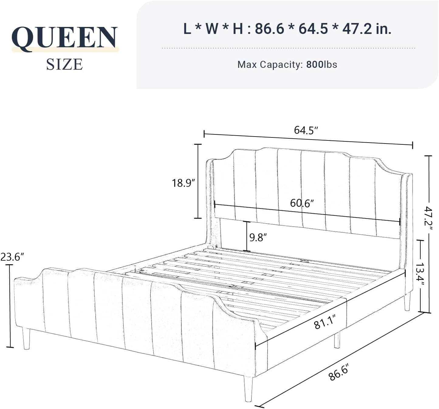Allewie Queen Size Velvet Bed Frame Upholstered Platform Bed with Vertical Headboard and Footboard, Solid Wood Leg and Strong Slats Support, No Box Spring Needed, Easy Assembly, Black
