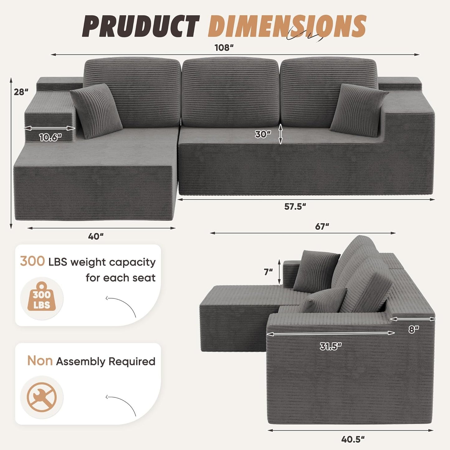 VICTONE 108" Boneless Couch, Modular Sectional Sofa with Ultra-Plush Deep Seat, L-Shaped Cloud Couch with Chaise, Upholstered Lounge Sofa for Living Room, Apartment (Corduroy, Grey)
