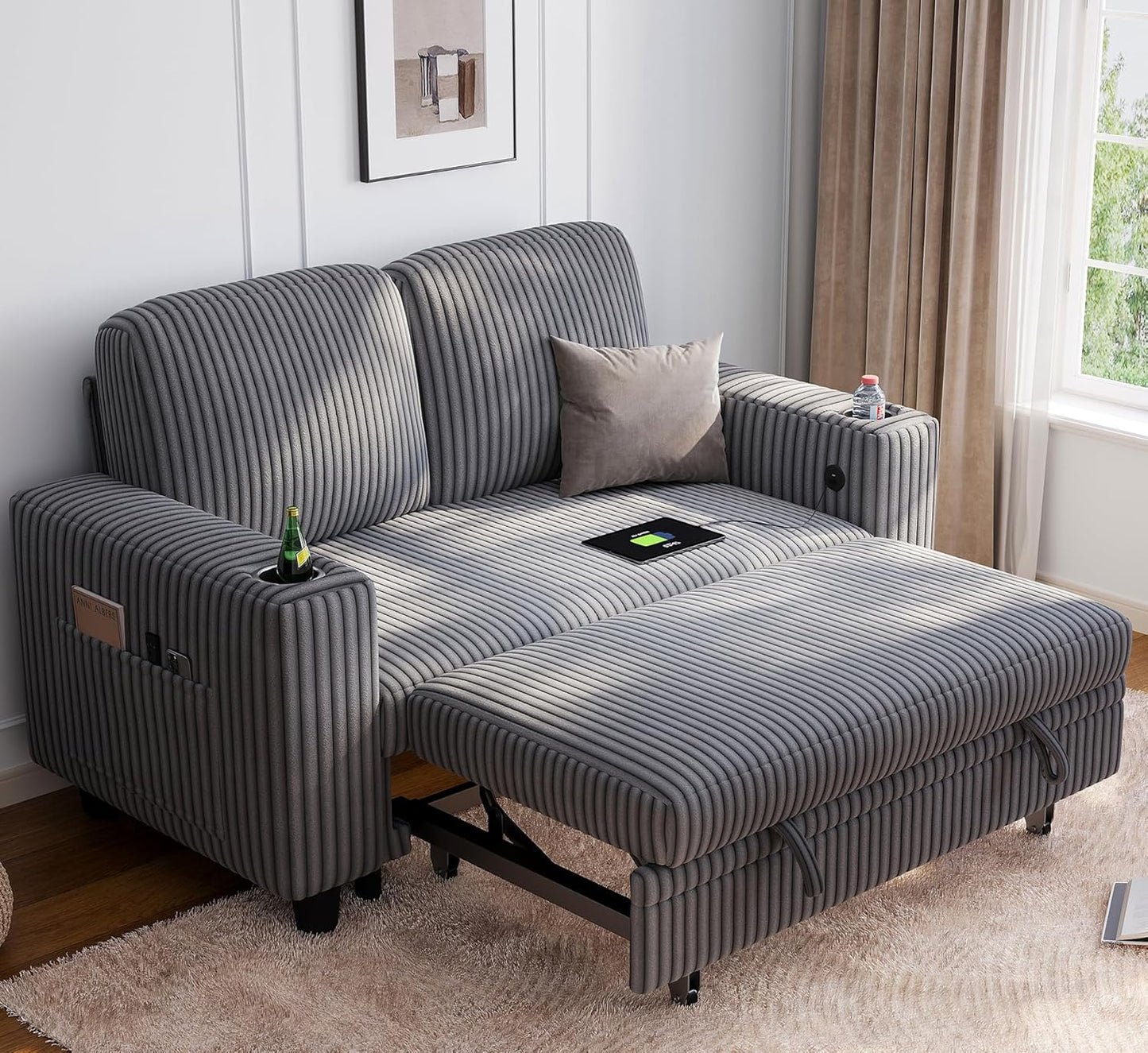 LINSY HOME Sectional Sleeper Sofa with Pull Out Couch Bed Convertible Plush Corduroy Cloud Couch with Storage Chaise & USB Charging, Comfy L Shaped Modular Couches for Living Room Apartment (Grey)