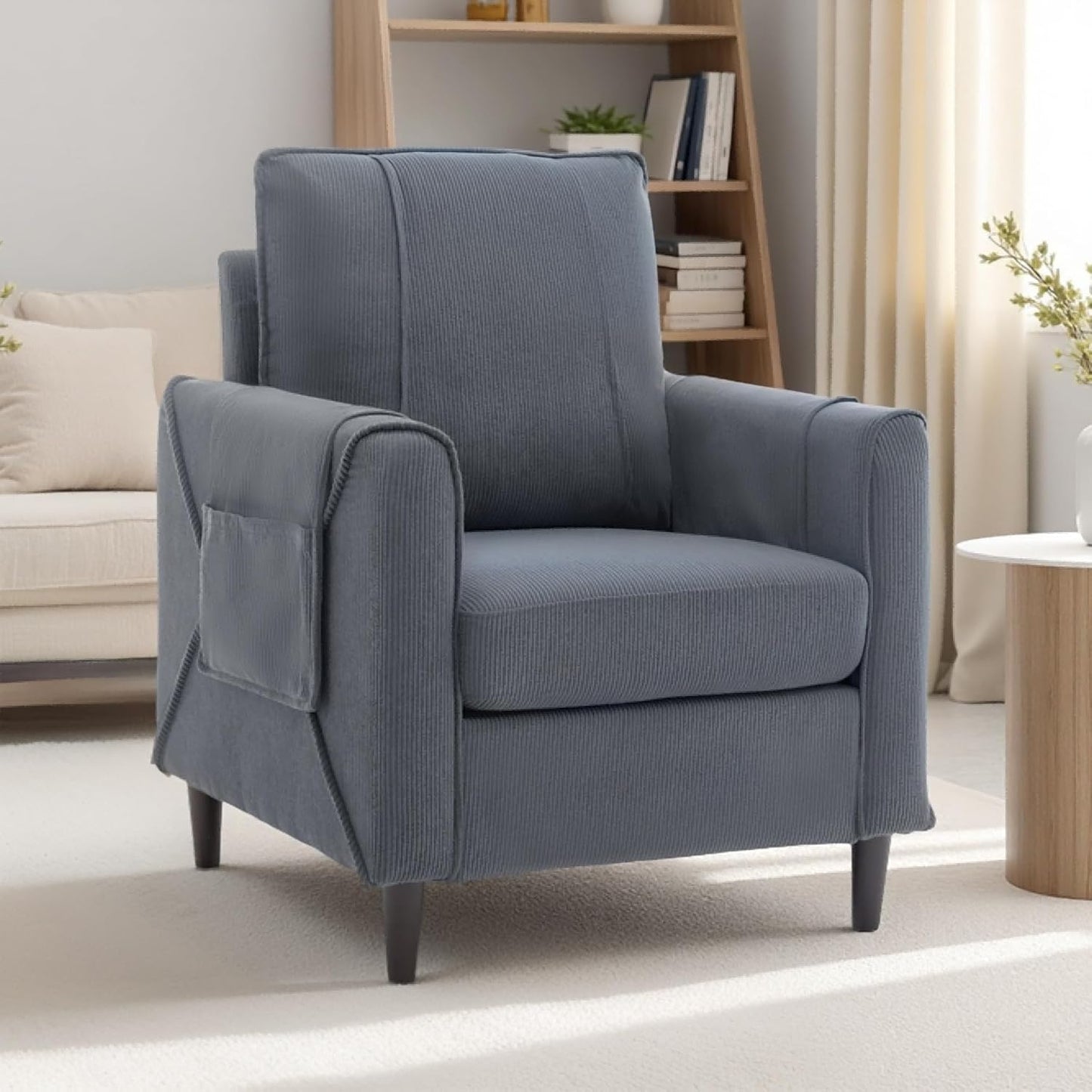 Accent Chair, Arm Chair for Living Room, Mid-Century Modern Upholstered Reading Chair, Comfy Club Chair with Side Pockets and Soft Cushion, Corduroy Fabric Sofachair for Bedroom