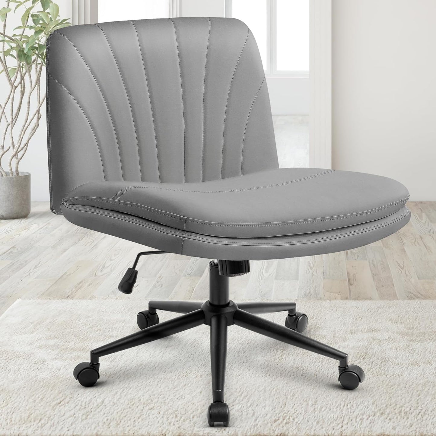 Orange Factory Criss Cross Chair Wheels Wide Cross Legged Office Desk Vanity Chair Comfy Fabric Armless Adjustable Swivel for Home Computer Task (Beige)
