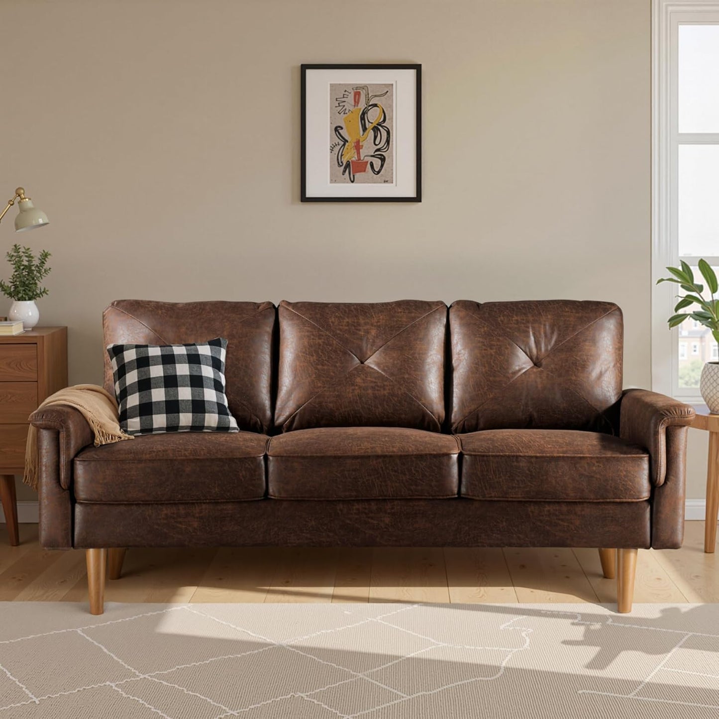 ovios Luxury 3 Seater Sofa with Faux Leather,Mid-Century Modern Couch with Comfortable Armrest,Comfy Couches with Deep Seat,Small Sofas for Living Room Bedroom (Light Brown), NOP20240120