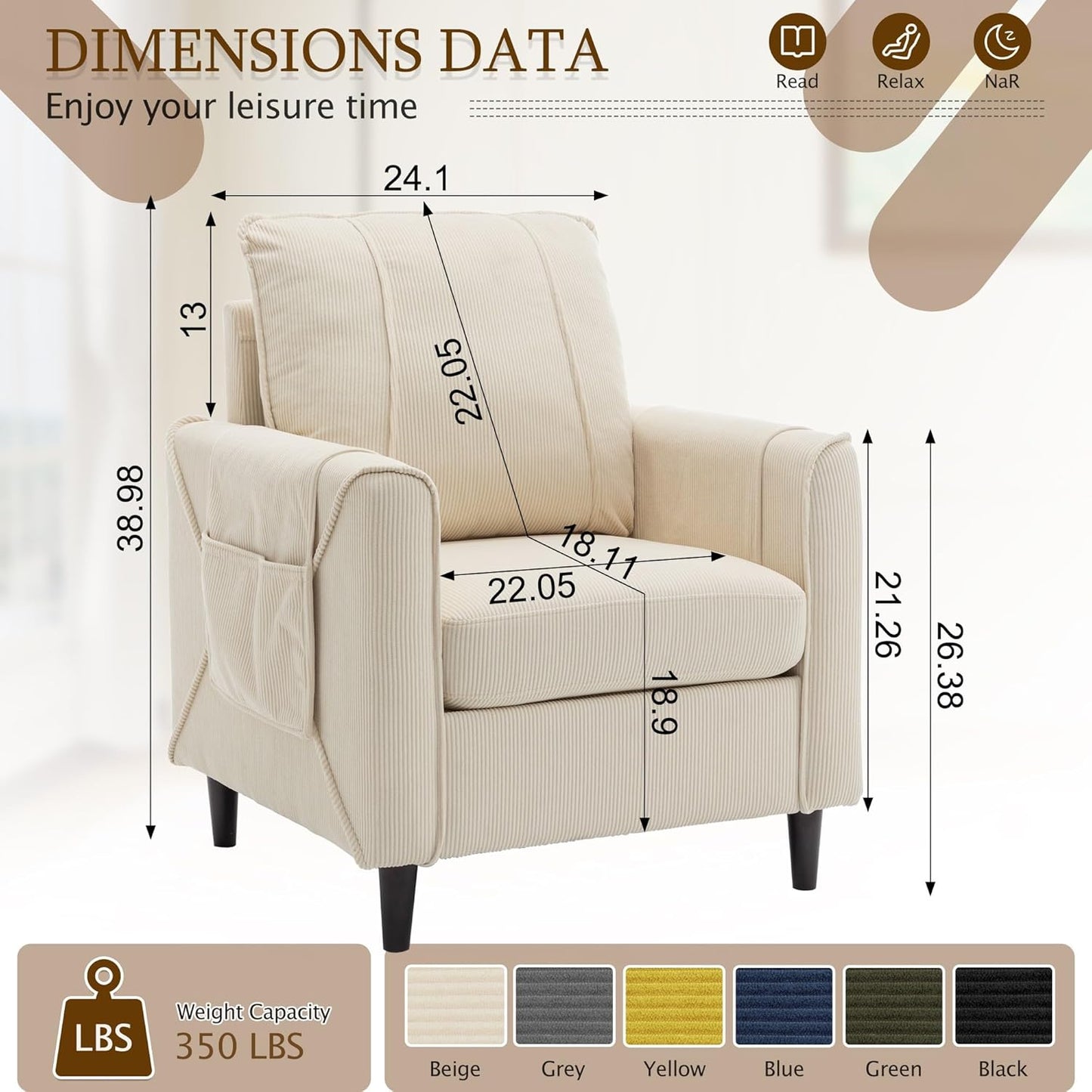 Accent Chair, Arm Chair for Living Room, Mid-Century Modern Upholstered Reading Chair, Comfy Club Chair with Side Pockets and Soft Cushion, Corduroy Fabric Sofachair for Bedroom