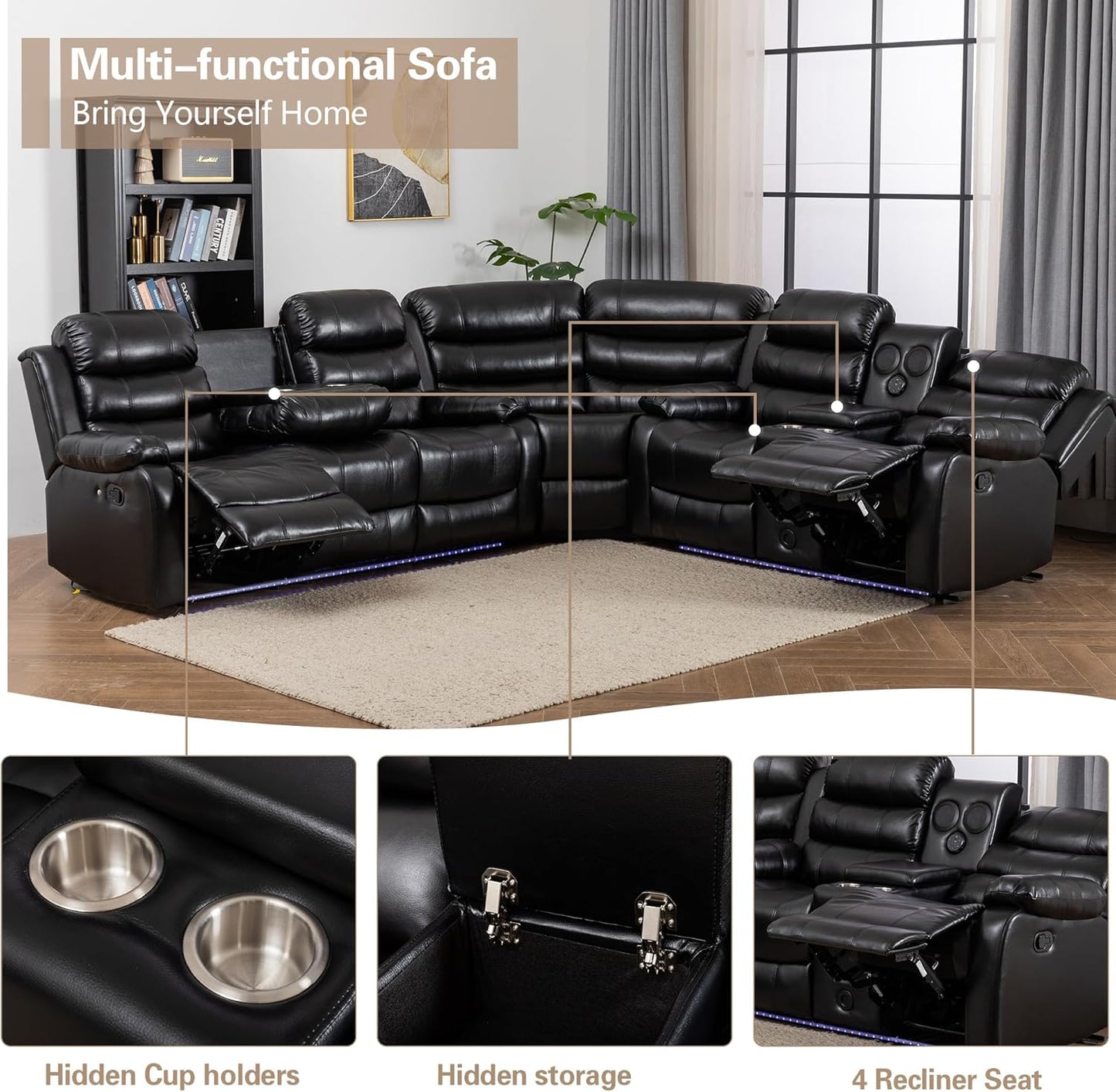 INSTORY 6-Seater Reclining Sofa, Faux Leather, Bluetooth Speakers, LED Lights, Drop Down Table, Cup Holders, USB Outlet, Storage Box (Black)