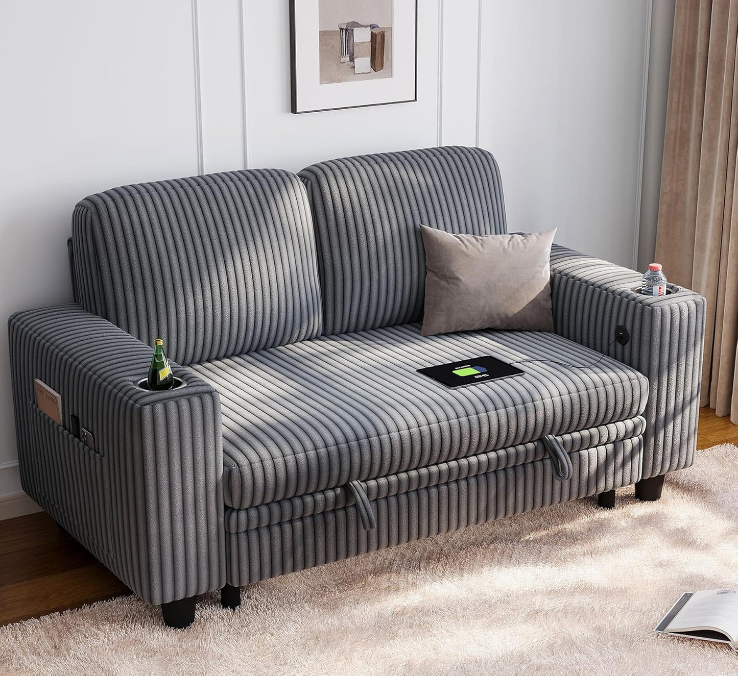LINSY HOME Sectional Sleeper Sofa with Pull Out Couch Bed Convertible Plush Corduroy Cloud Couch with Storage Chaise & USB Charging, Comfy L Shaped Modular Couches for Living Room Apartment (Grey)