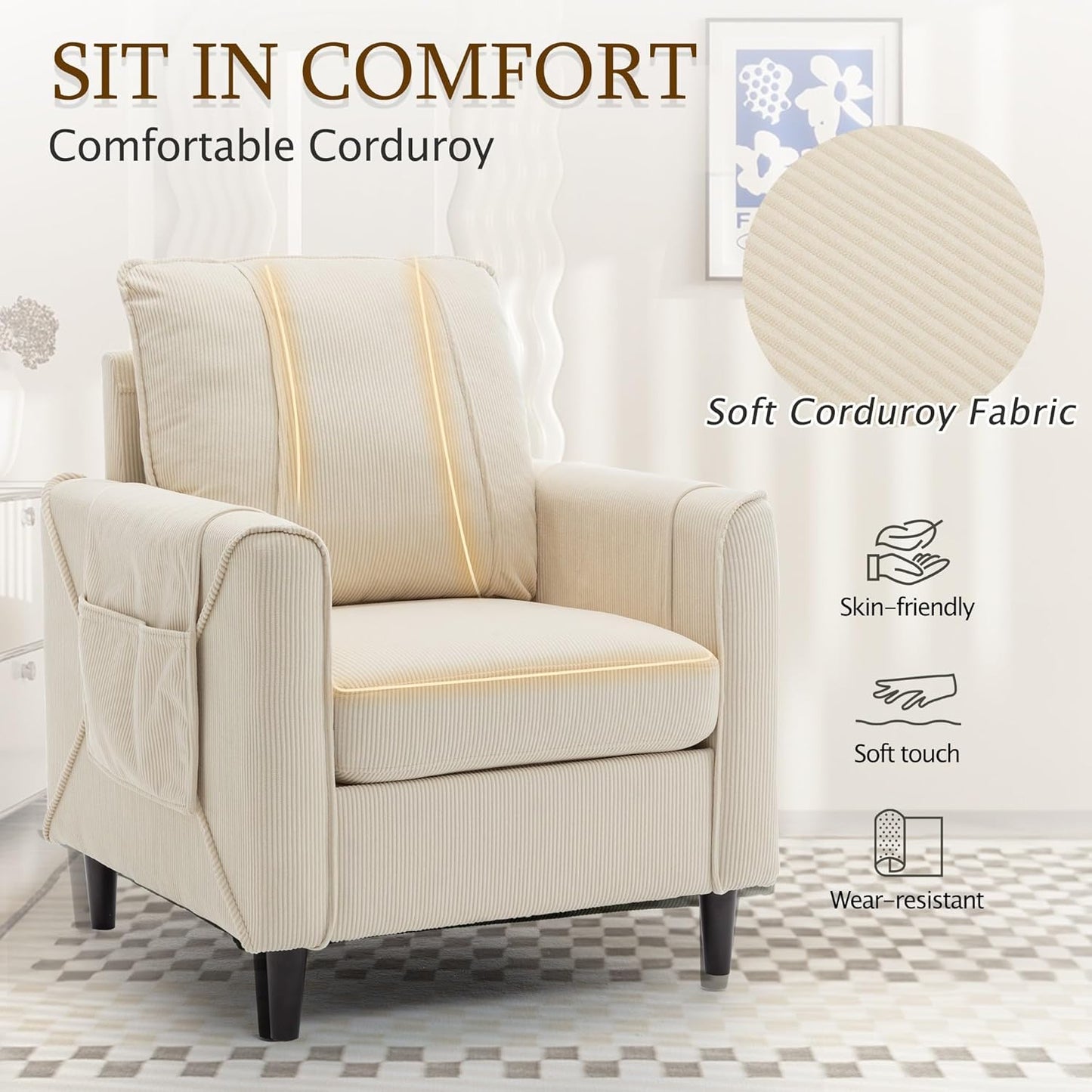 Accent Chair, Arm Chair for Living Room, Mid-Century Modern Upholstered Reading Chair, Comfy Club Chair with Side Pockets and Soft Cushion, Corduroy Fabric Sofachair for Bedroom