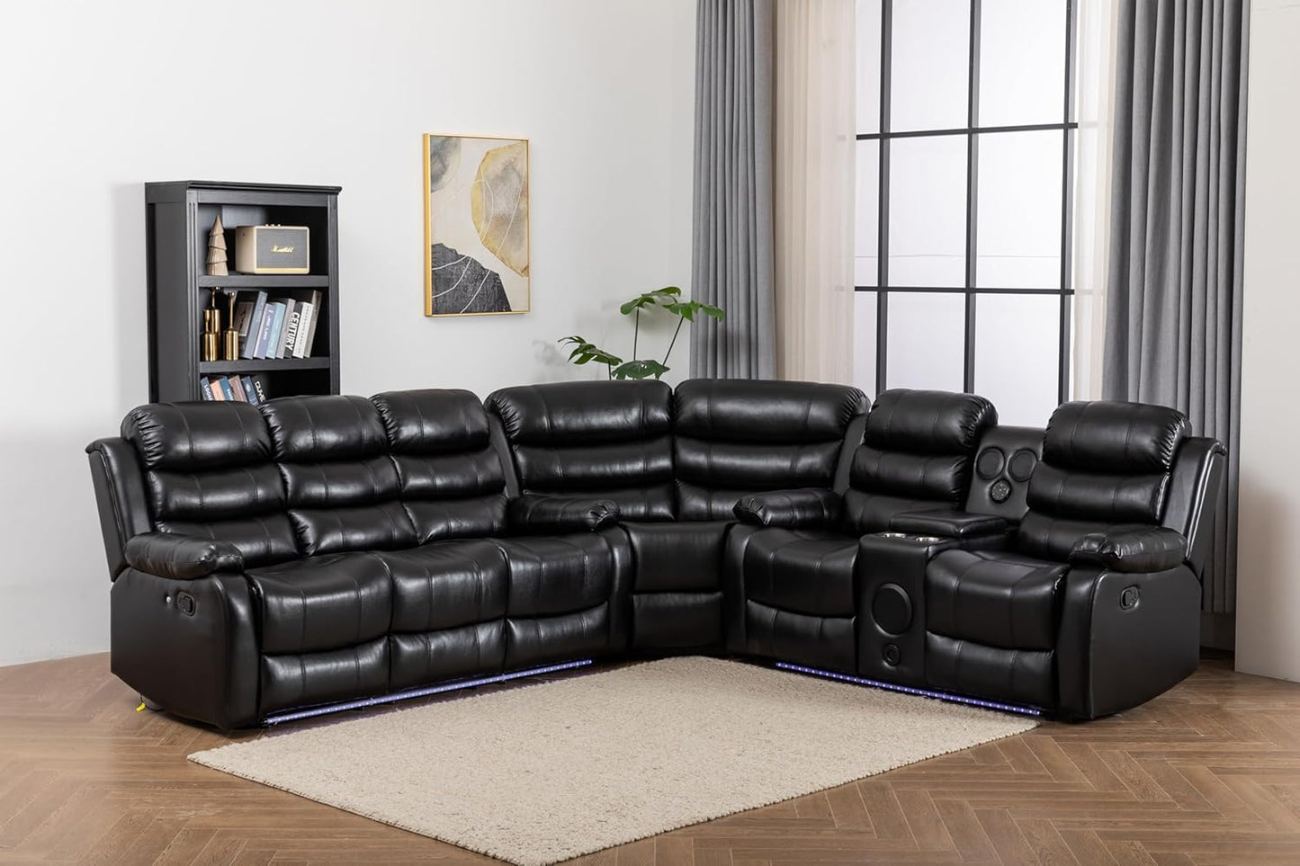 INSTORY 6-Seater Reclining Sofa, Faux Leather, Bluetooth Speakers, LED Lights, Drop Down Table, Cup Holders, USB Outlet, Storage Box (Black)