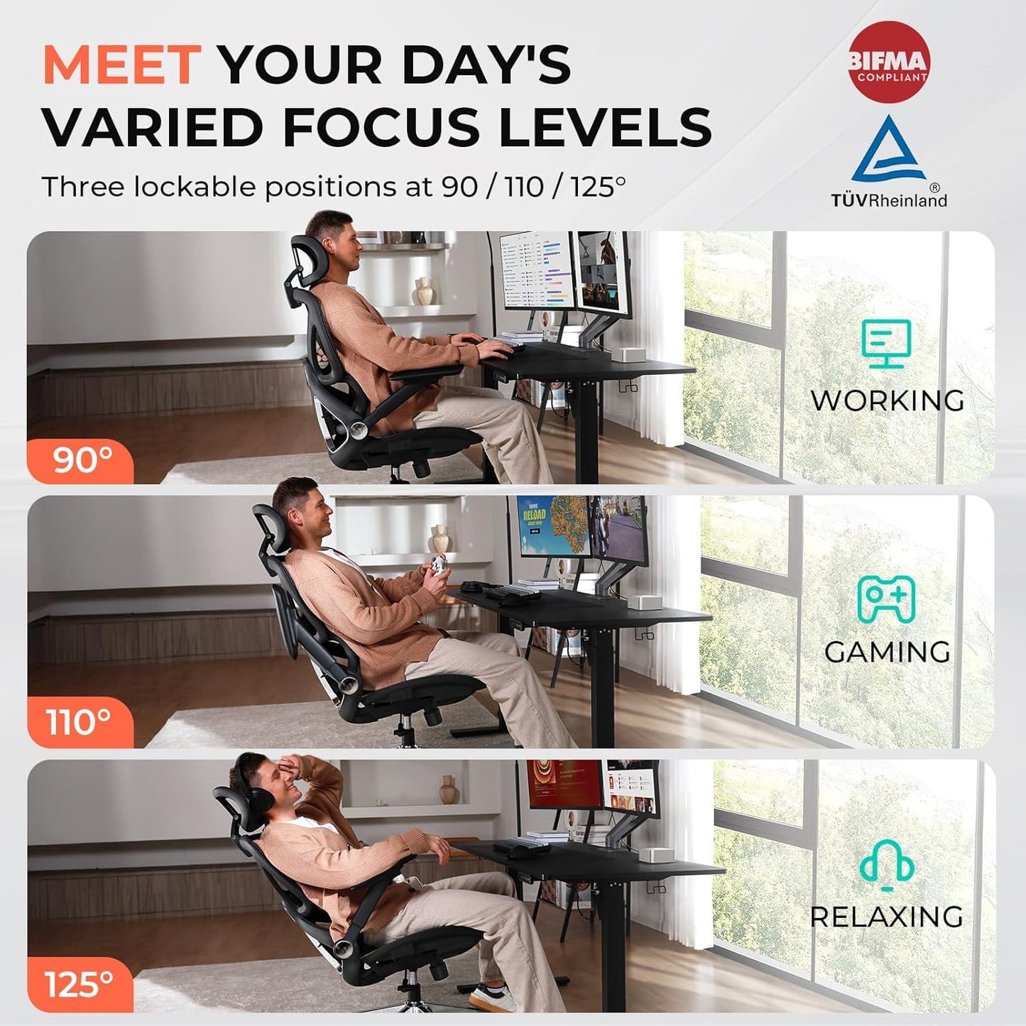 Ergonomic Mesh Office Chair, Adjustable Lumbar High Back Desk Chair 400lbs, 4D Flip-up Arms, 3-Level Tilt Backrest, 3D Headrest, PU Wheels, Swivel Rolling Computer Seating for Long Desk Work
