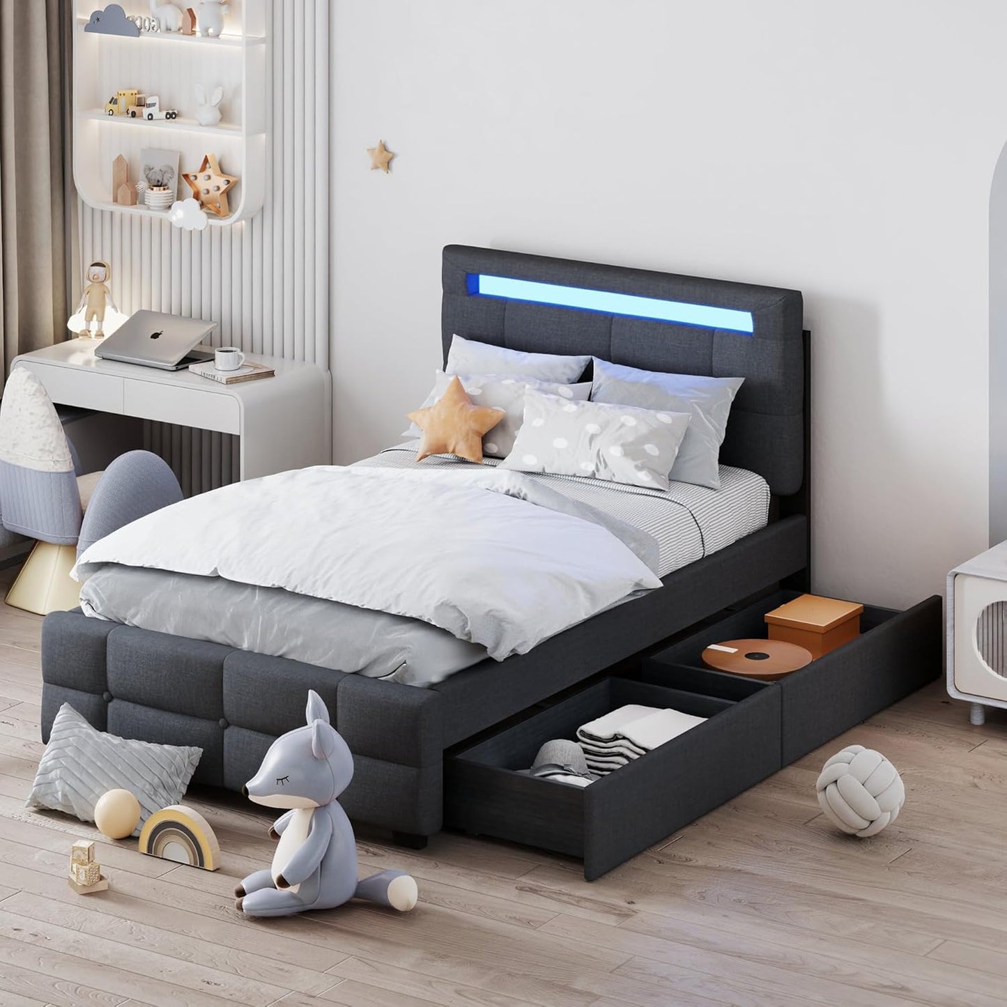 Elephance Twin Size Upholstered Platform Bed with LED Frame and 2 Drawers, Linen Fabric, Easy Assembly Platform Bed, Wooden Slat Support No Box Spring Needed,Gray