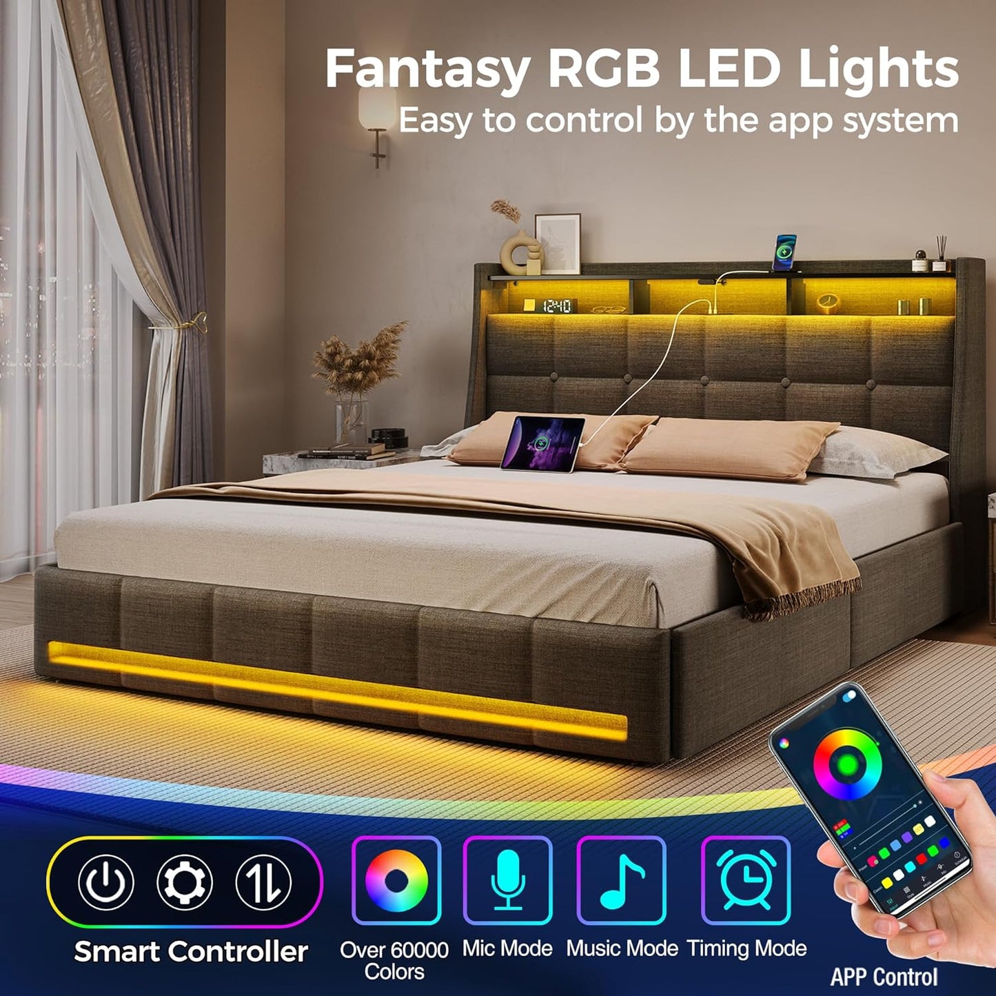 Rolanstar Full Size Bed Frame with LED Lights and Charging Station, Upholstered Bed Storage Headboard & Drawers, Heavy Duty Wood Slats, Easy Assembly