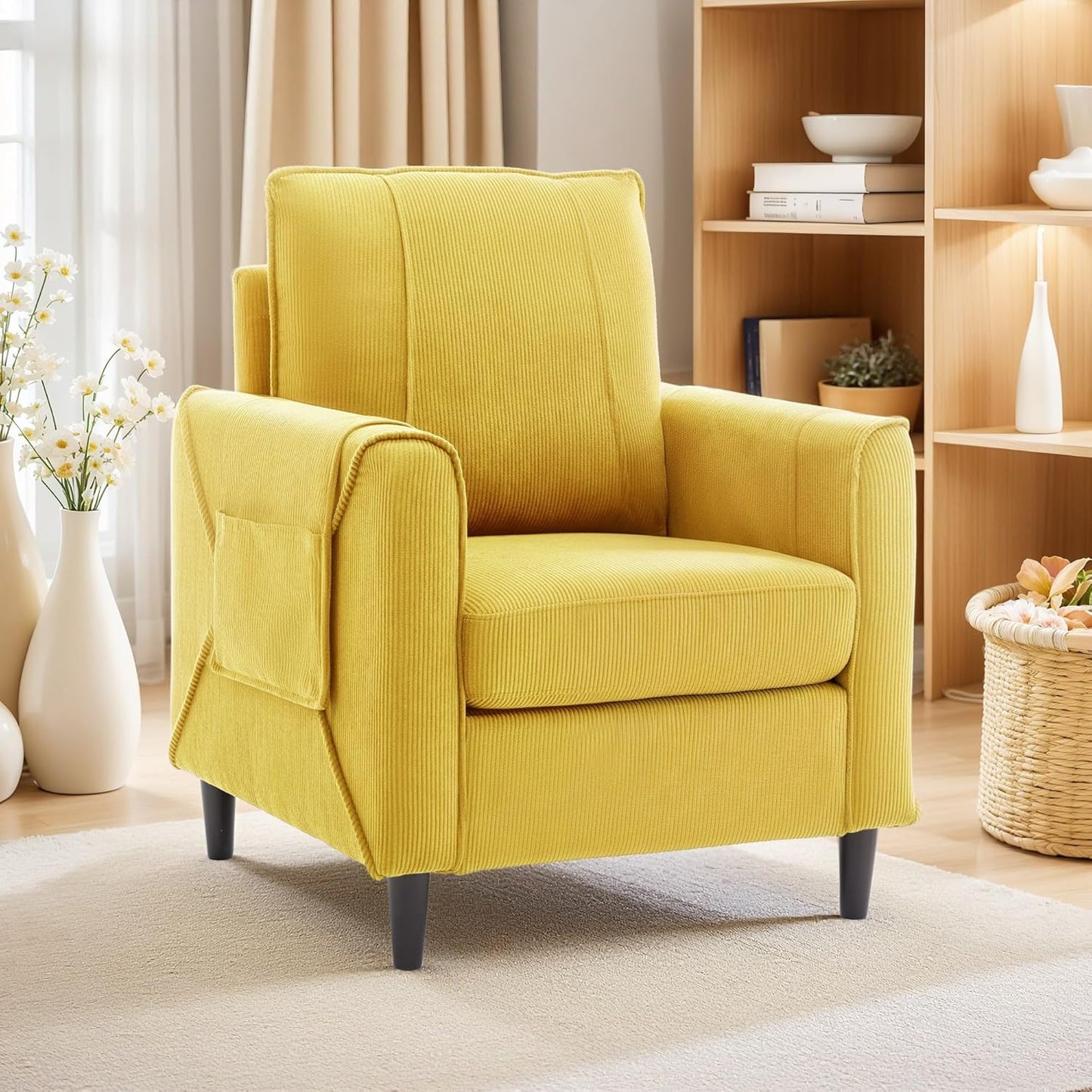 Accent Chair, Arm Chair for Living Room, Mid-Century Modern Upholstered Reading Chair, Comfy Club Chair with Side Pockets and Soft Cushion, Corduroy Fabric Sofachair for Bedroom