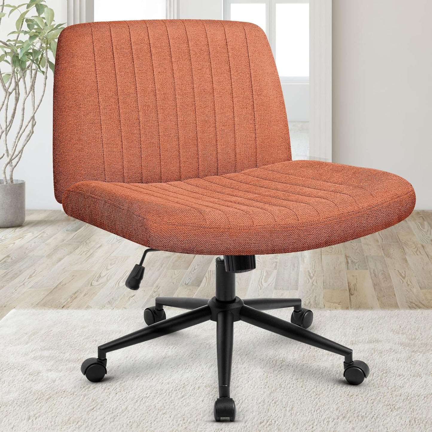 Orange Factory Criss Cross Chair Wheels Wide Cross Legged Office Desk Vanity Chair Comfy Fabric Armless Adjustable Swivel for Home Computer Task (Beige)