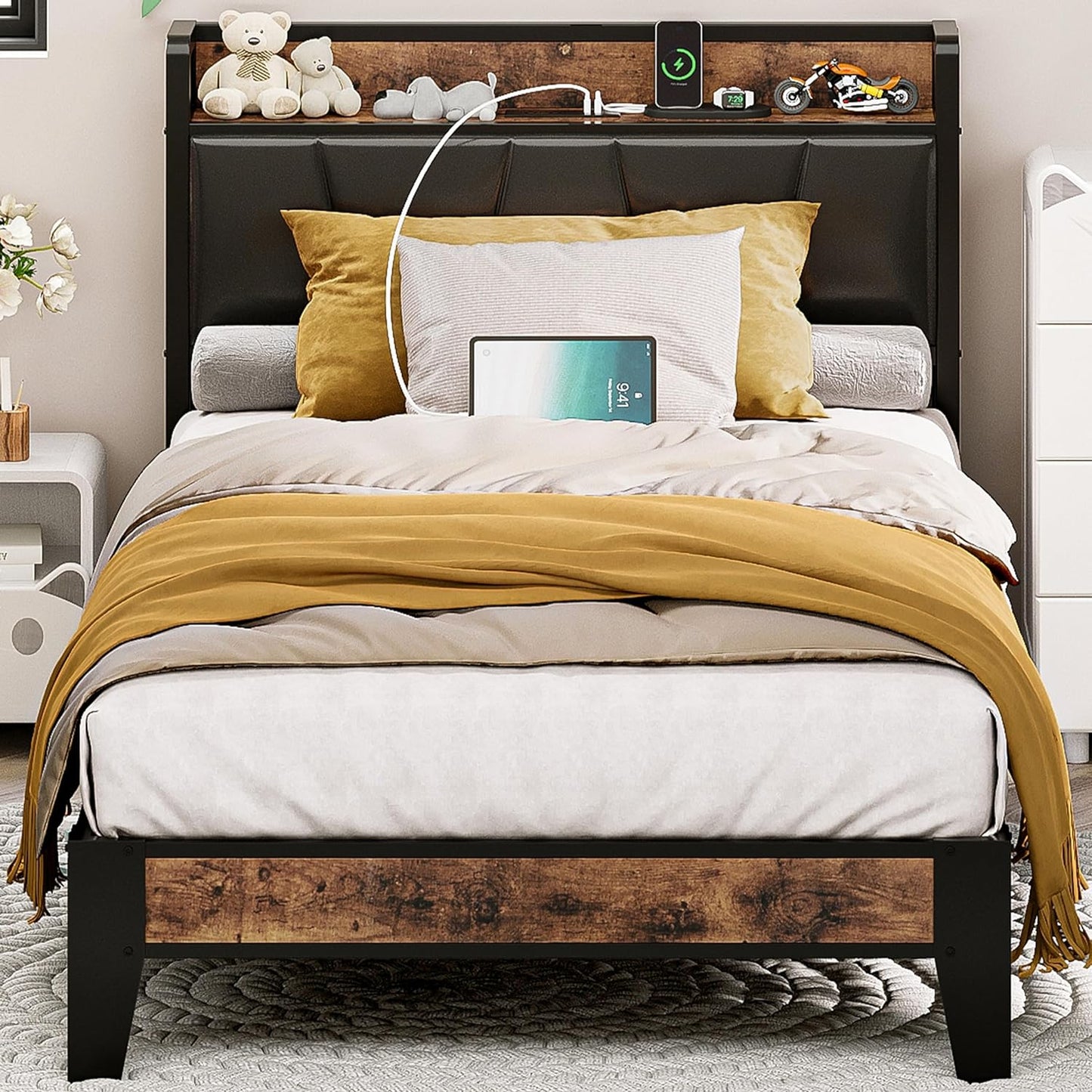 LIKIMIO California King Bed Frames, Storage Headboard with Charging Station, Solid and Stable, Noise Free, No Box Spring Needed, Easy Assembly