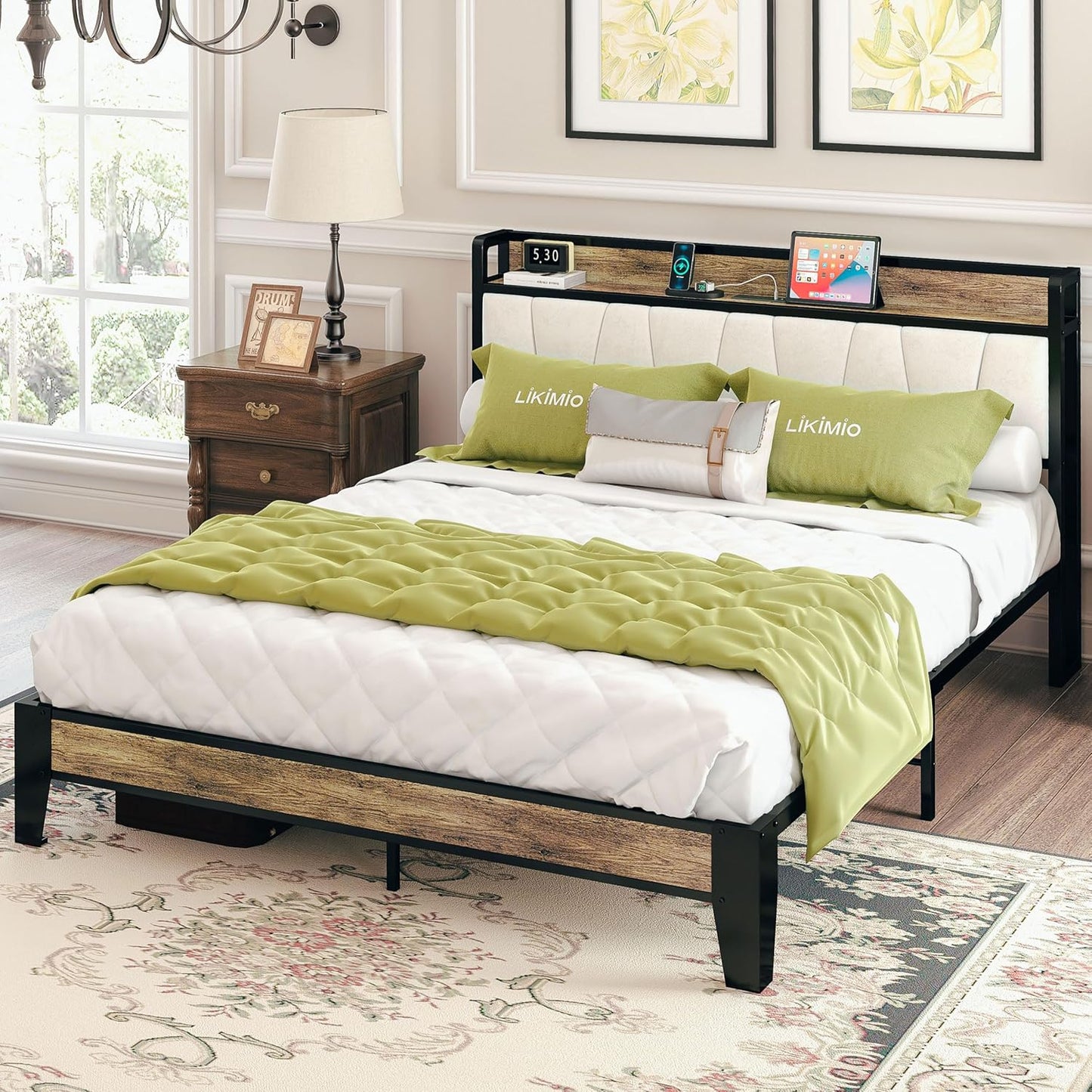 LIKIMIO California King Bed Frames, Storage Headboard with Charging Station, Solid and Stable, Noise Free, No Box Spring Needed, Easy Assembly