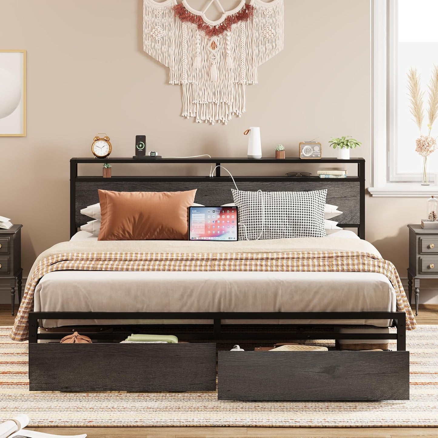 LIKIMIO King Bed Frame with Storage Headboard, Platform Bed with Drawers and Charging Station, No Box Spring Needed, Easy Assembly, Vintage Brown