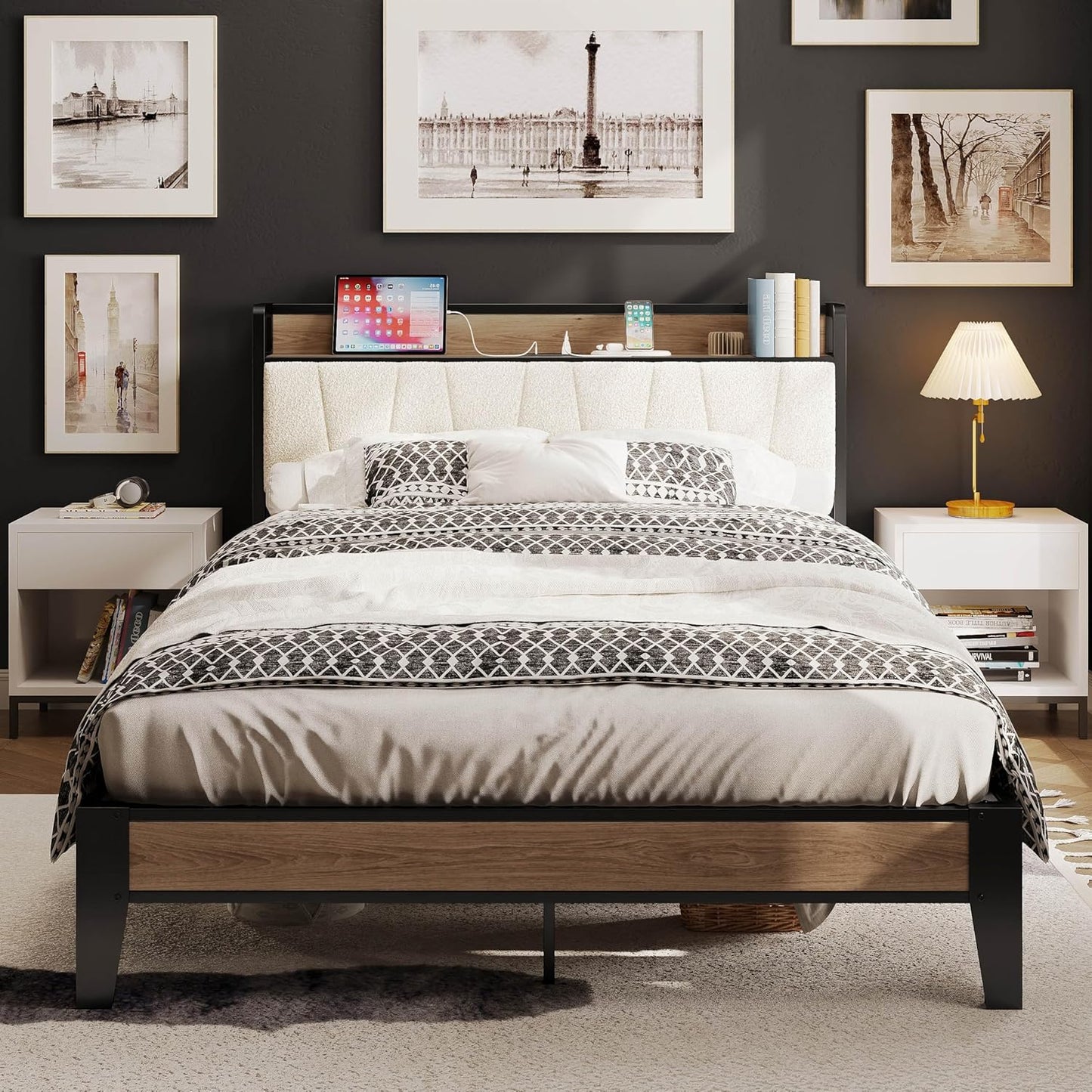 LIKIMIO California King Bed Frames, Storage Headboard with Charging Station, Solid and Stable, Noise Free, No Box Spring Needed, Easy Assembly