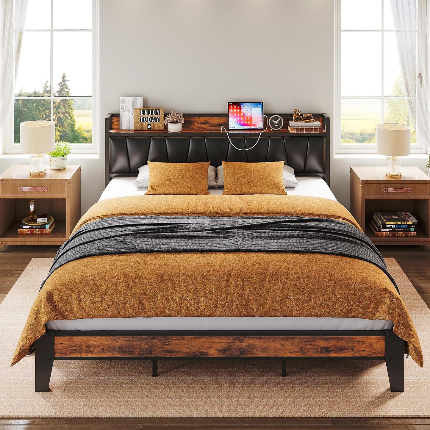LIKIMIO California King Bed Frames, Storage Headboard with Charging Station, Solid and Stable, Noise Free, No Box Spring Needed, Easy Assembly