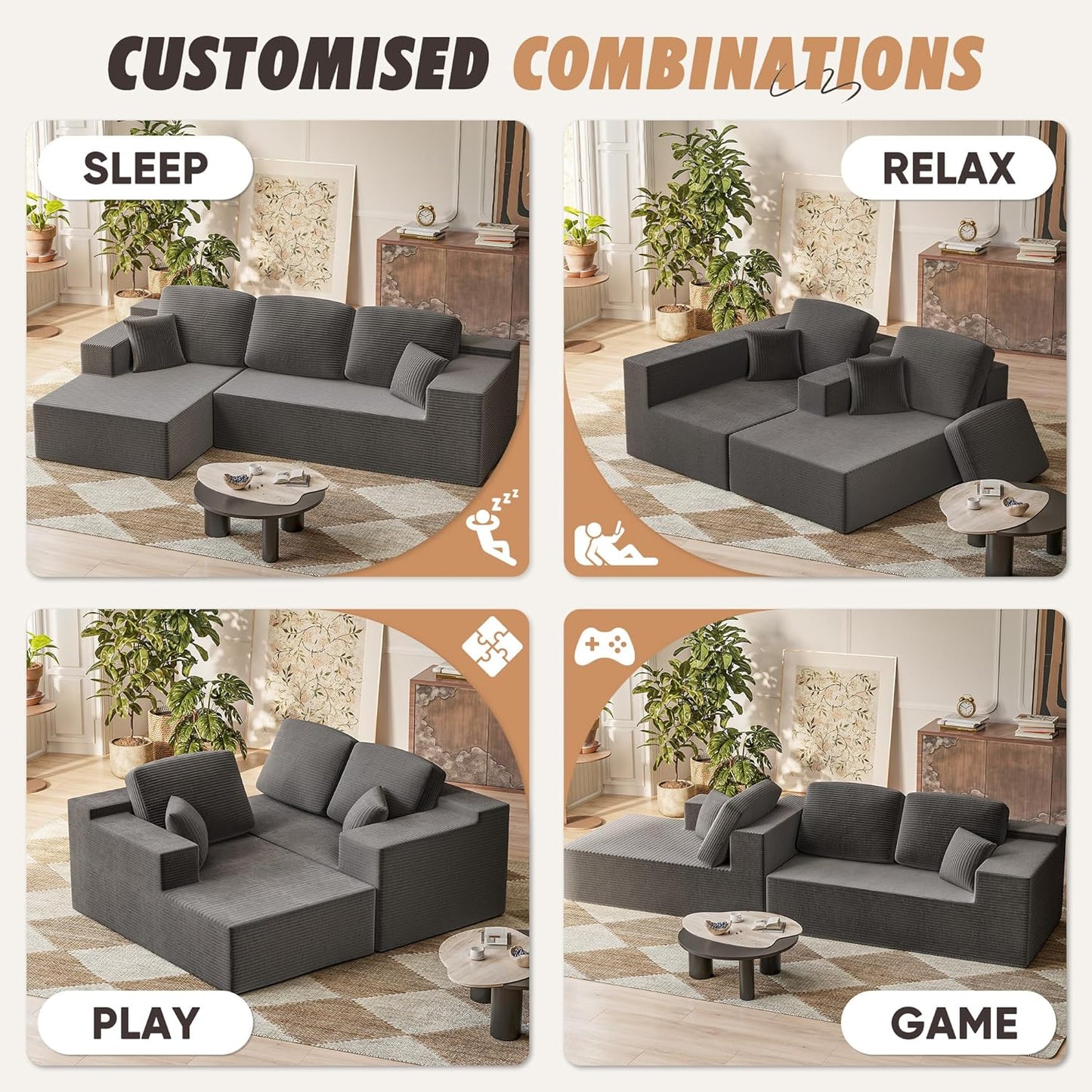 VICTONE 108" Boneless Couch, Modular Sectional Sofa with Ultra-Plush Deep Seat, L-Shaped Cloud Couch with Chaise, Upholstered Lounge Sofa for Living Room, Apartment (Corduroy, Grey)