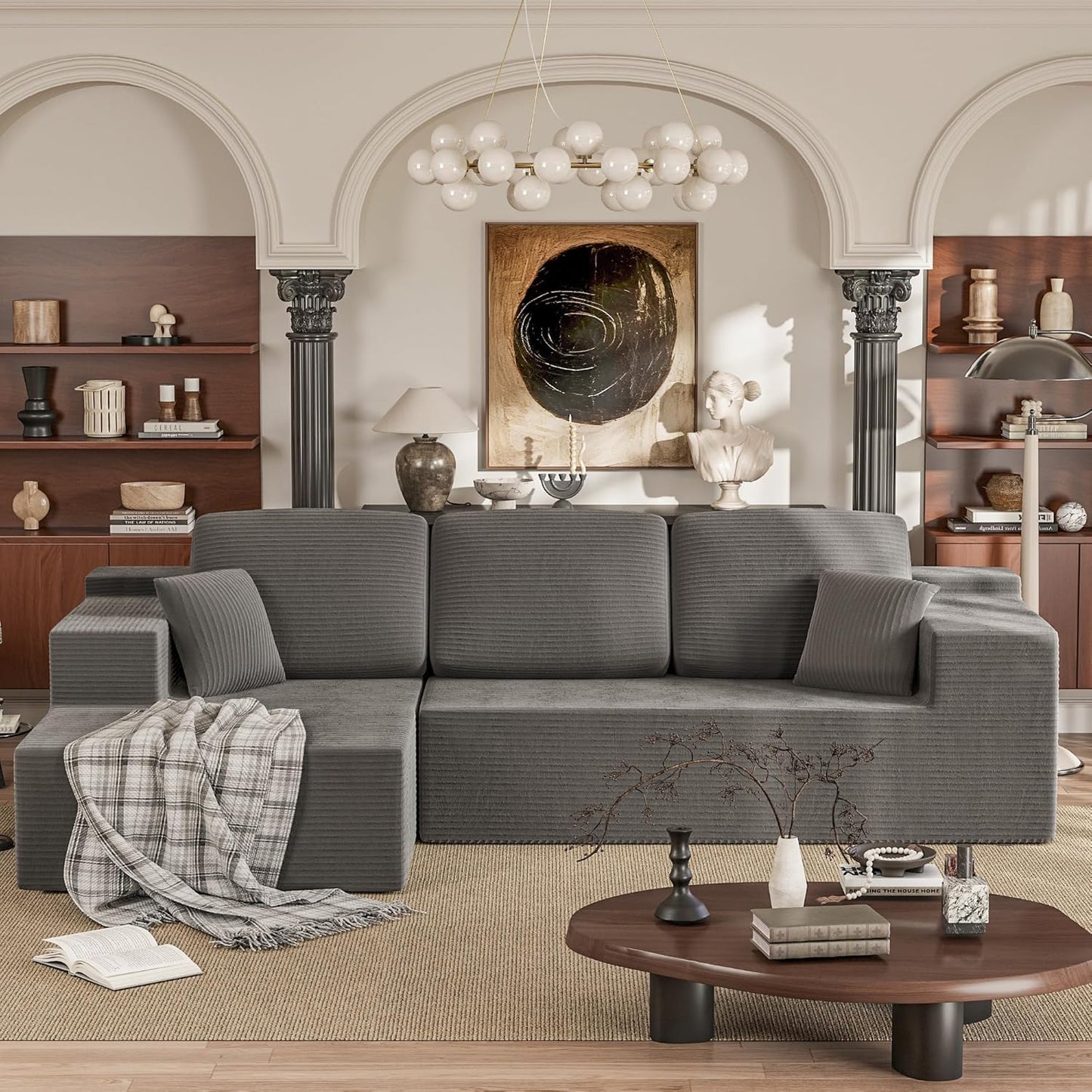 VICTONE 108" Boneless Couch, Modular Sectional Sofa with Ultra-Plush Deep Seat, L-Shaped Cloud Couch with Chaise, Upholstered Lounge Sofa for Living Room, Apartment (Corduroy, Grey)
