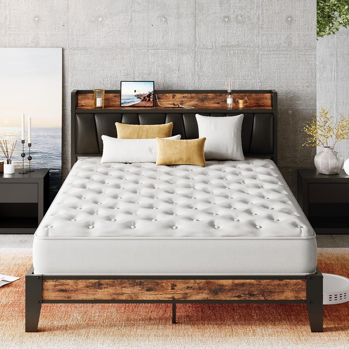 LIKIMIO California King Bed Frames, Storage Headboard with Charging Station, Solid and Stable, Noise Free, No Box Spring Needed, Easy Assembly