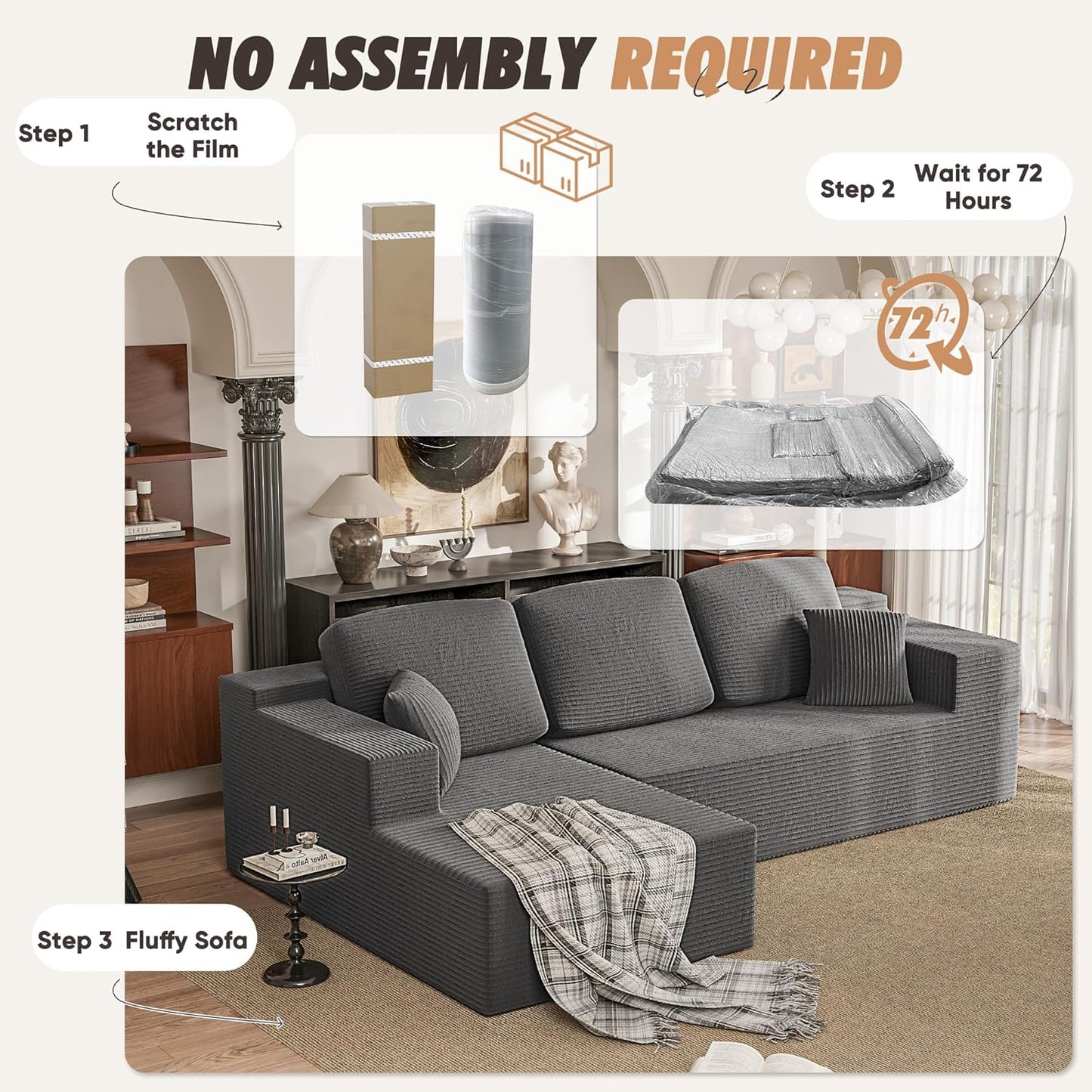 VICTONE 108" Boneless Couch, Modular Sectional Sofa with Ultra-Plush Deep Seat, L-Shaped Cloud Couch with Chaise, Upholstered Lounge Sofa for Living Room, Apartment (Corduroy, Grey)