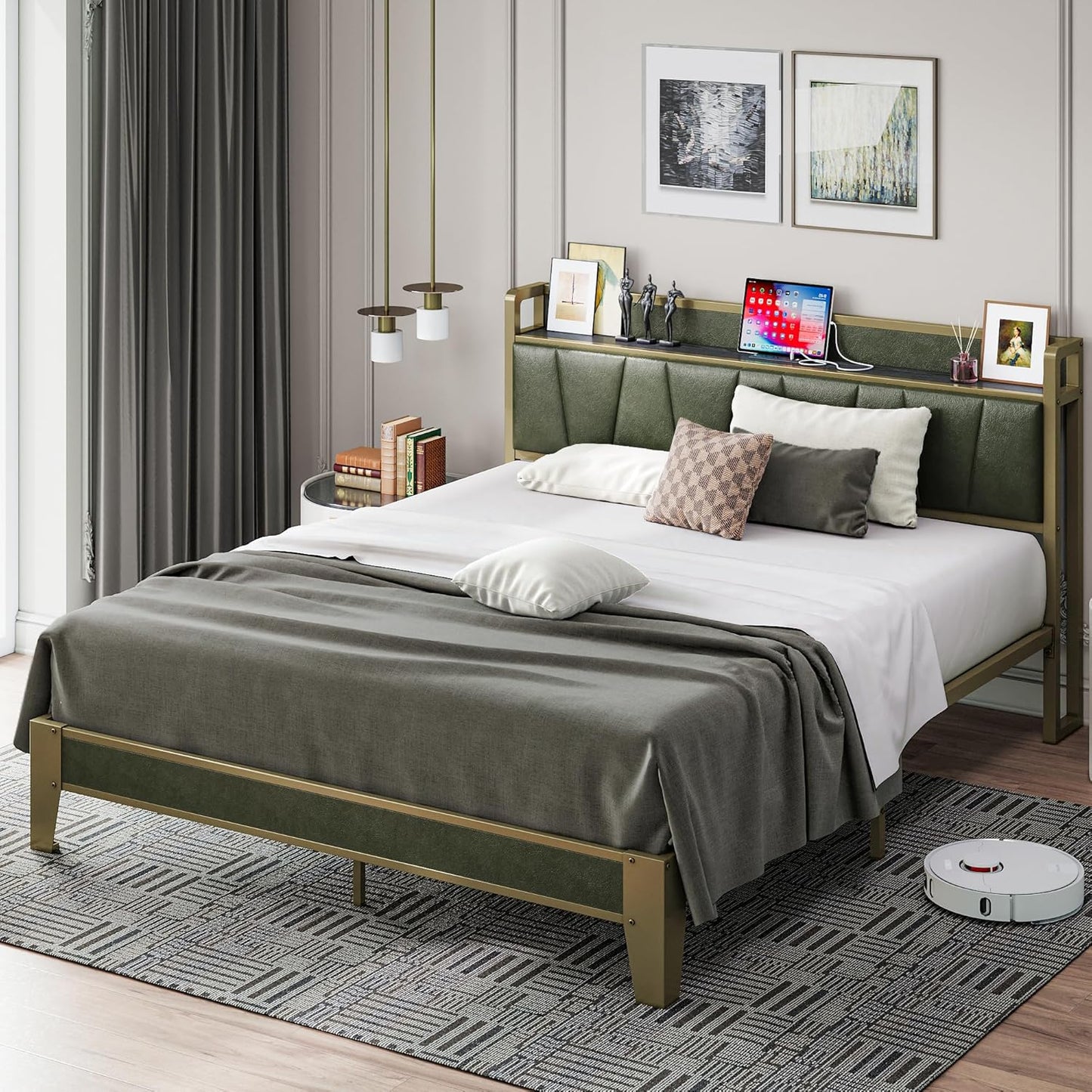 LIKIMIO California King Bed Frames, Storage Headboard with Charging Station, Solid and Stable, Noise Free, No Box Spring Needed, Easy Assembly