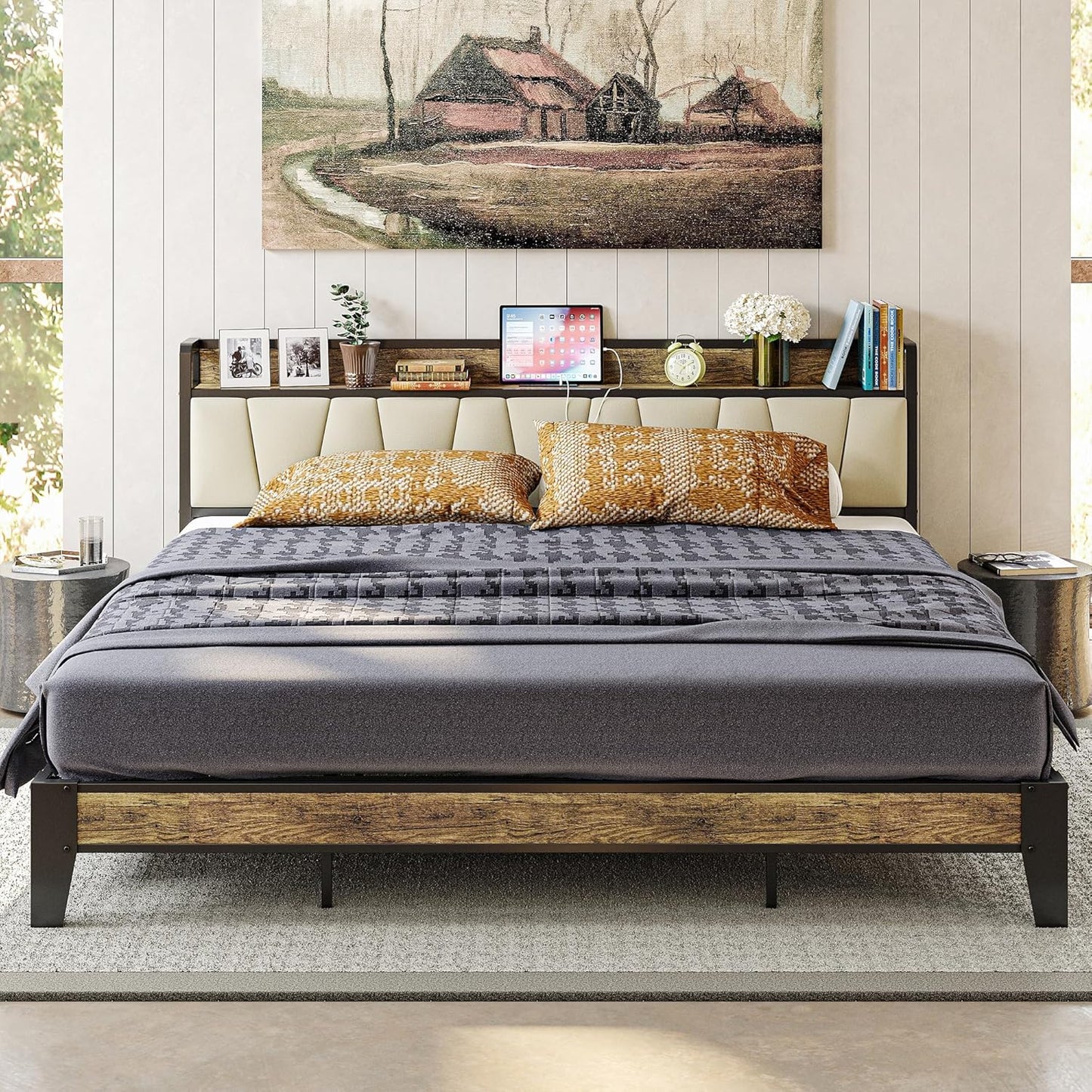 LIKIMIO California King Bed Frames, Storage Headboard with Charging Station, Solid and Stable, Noise Free, No Box Spring Needed, Easy Assembly