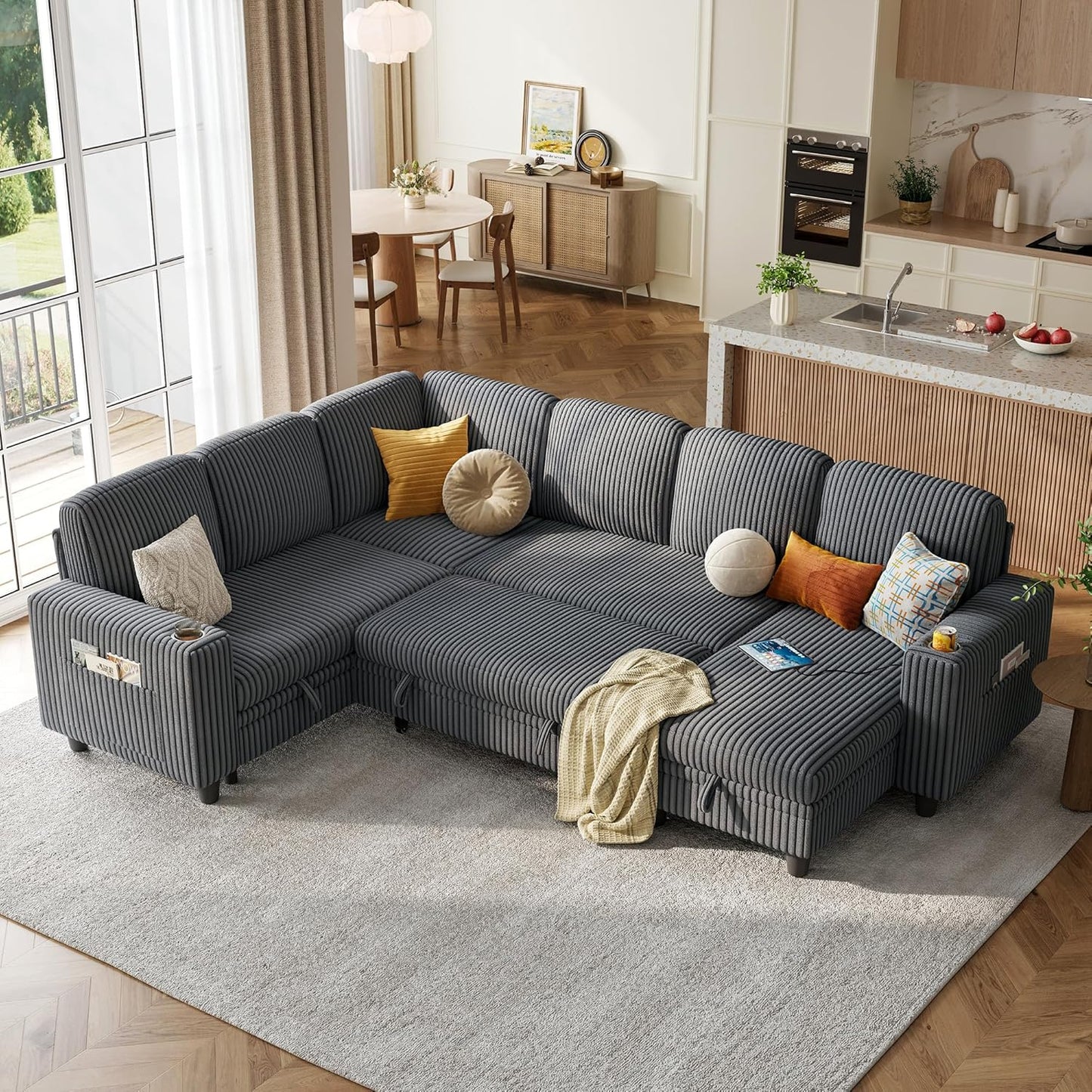 LINSY HOME Sectional Sleeper Sofa with Pull Out Couch Bed Convertible Plush Corduroy Cloud Couch with Storage Chaise & USB Charging, Comfy L Shaped Modular Couches for Living Room Apartment (Grey)