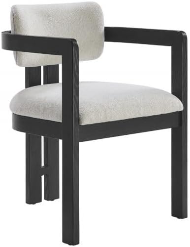 First of a Kind Thorne Dining Arm Chair - Modern Rustic Wood Dining Chair with Upholstered Cushion, Fluted Pedestal Base & Curved Arms - Ideal for Accent Seating, Black