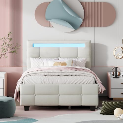Elephance Twin Size Upholstered Platform Bed with LED Frame and 2 Drawers, Linen Fabric, Easy Assembly Platform Bed, Wooden Slat Support No Box Spring Needed,Gray