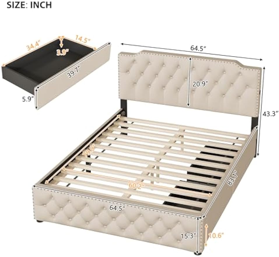 Queen Size Upholstered Platform Bed with 2 Drawers and 2 Sets of USB Ports on Each Side, Linen Fabric,Easy Assemble,Beige