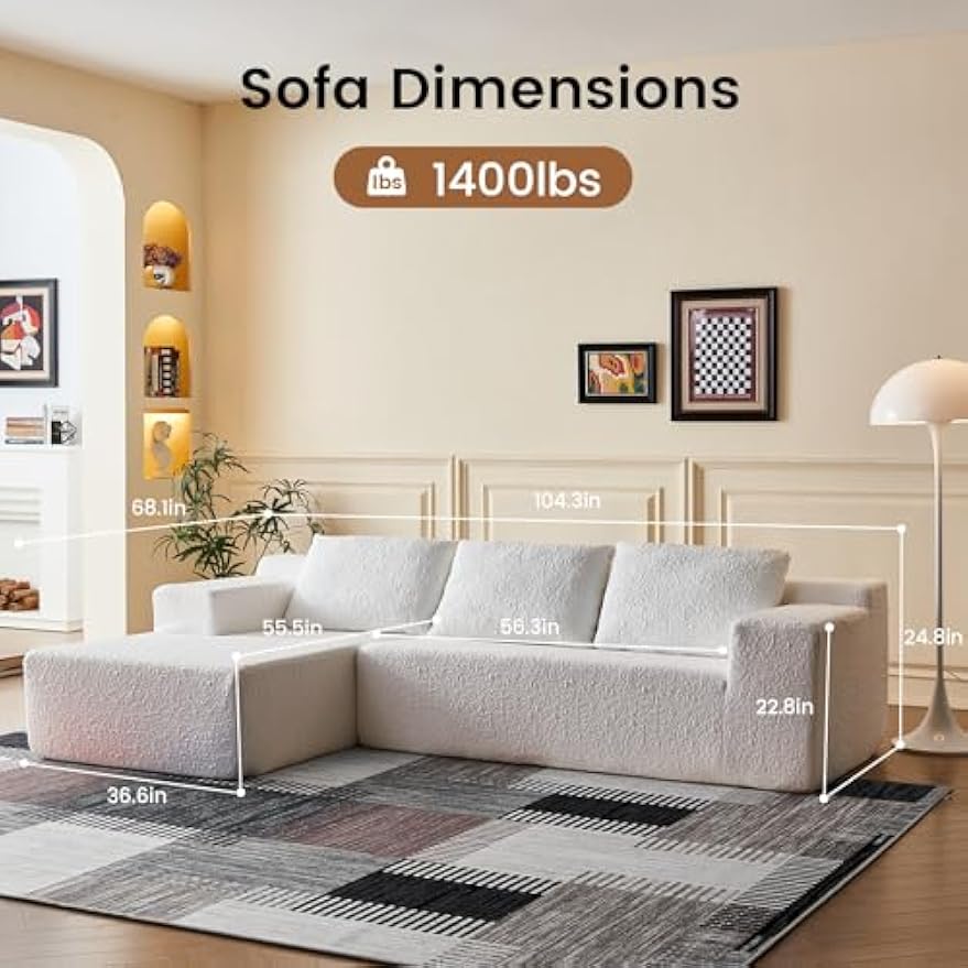 ADORZ 104" Cloud Sectional Couch with L-Shape Chaise, Modern Modular Sectional Sofa with Deep Seat Boneless Sofa for Living Room, Bed Room No Assembly Required(White)