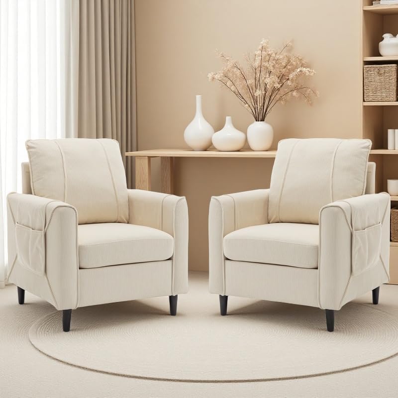 Accent Chair, Arm Chair for Living Room, Mid-Century Modern Upholstered Reading Chair, Comfy Club Chair with Side Pockets and Soft Cushion, Corduroy Fabric Sofachair for Bedroom