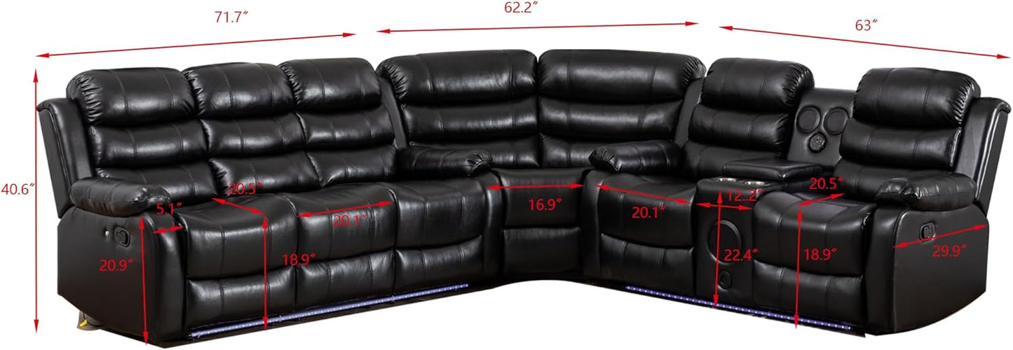 INSTORY 6-Seater Reclining Sofa, Faux Leather, Bluetooth Speakers, LED Lights, Drop Down Table, Cup Holders, USB Outlet, Storage Box (Black)